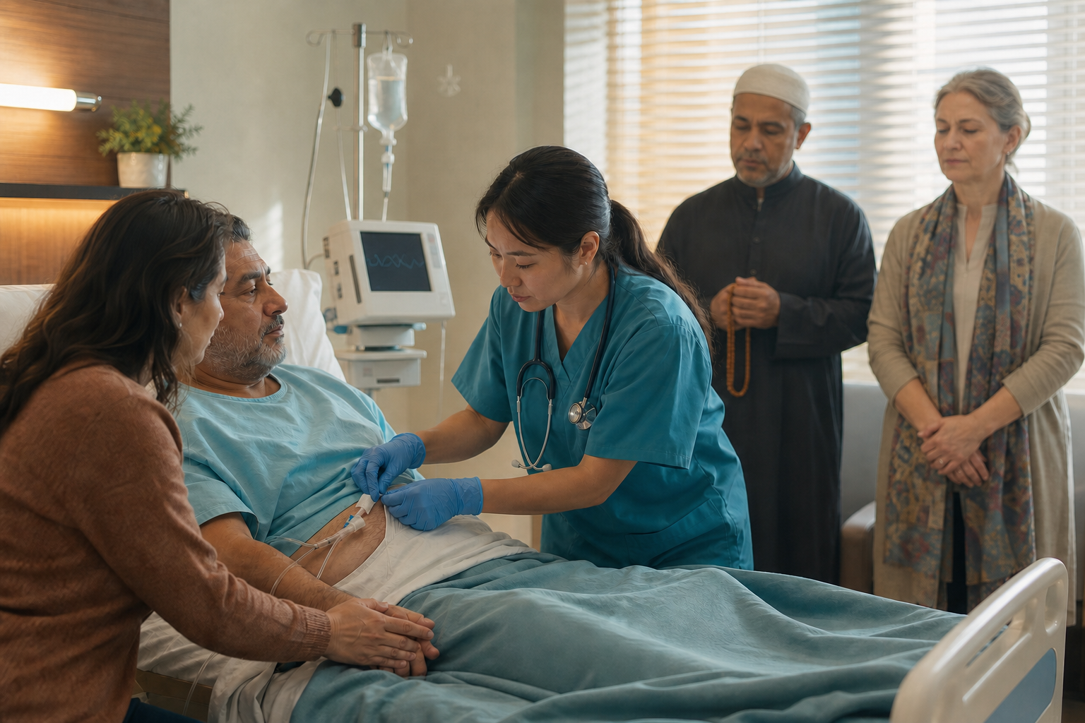 A clinician attends to a patient and intravenous line while a loved one holds the patient's hand and two spiritual companions stand quietly nearby.