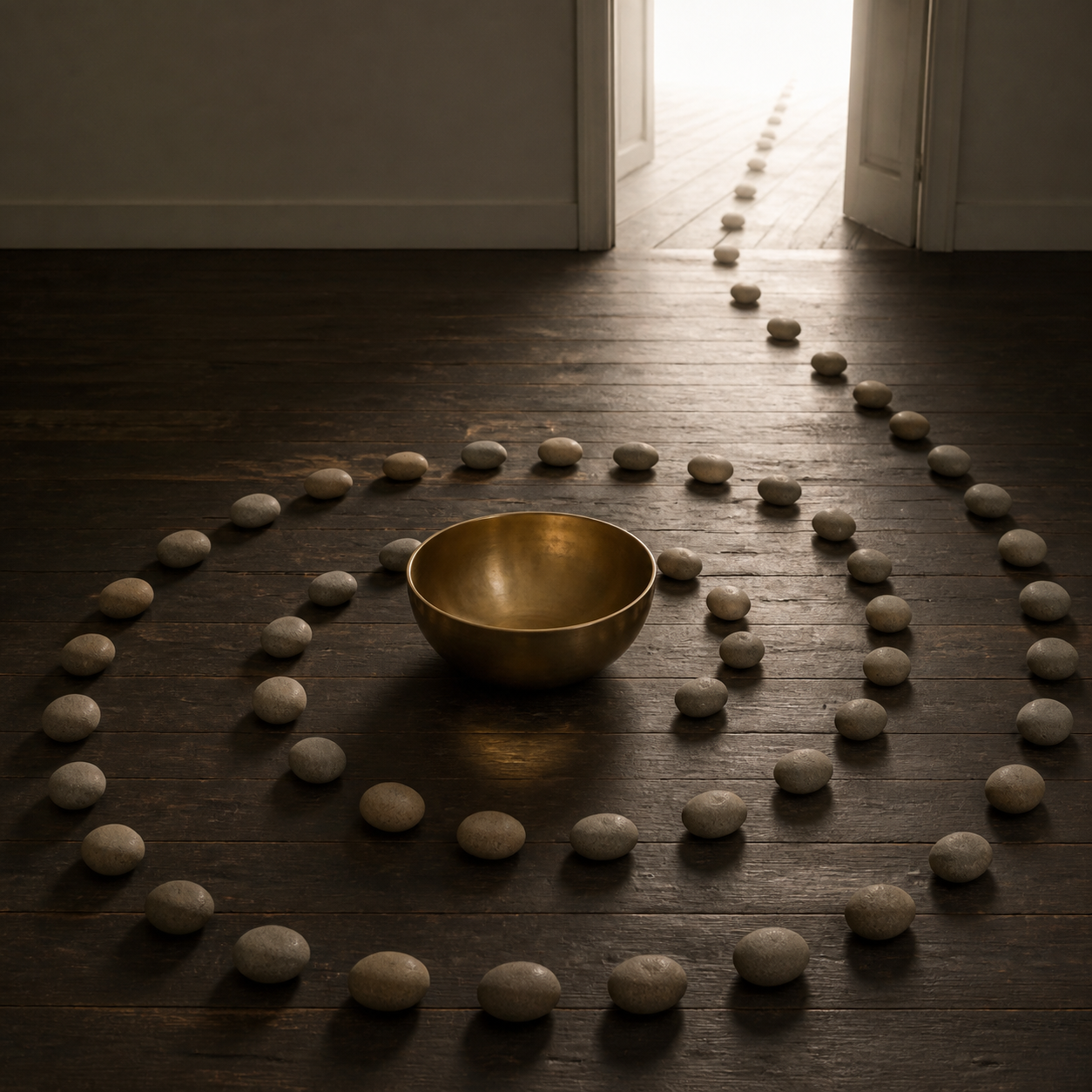 An empty brass bowl stands inside a spiral of river stones that continues through a bright open doorway.