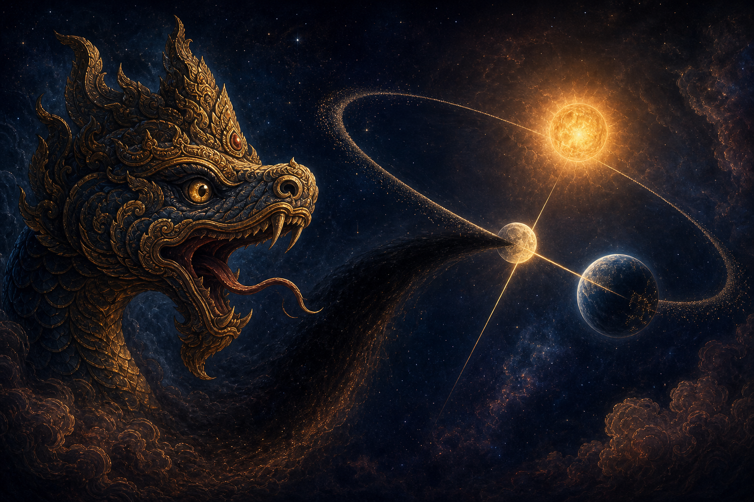 A bodiless serpent head appears beside the crossing paths of the Moon and Sun, with the celestial bodies approaching eclipse alignment.