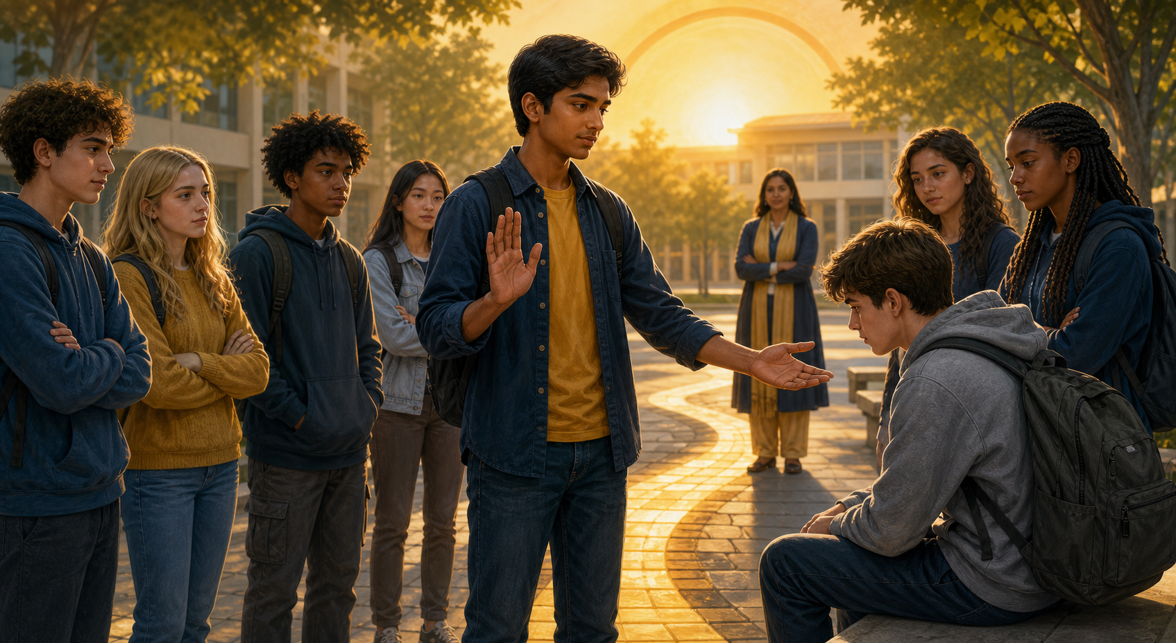 A calm student steps forward to support an isolated classmate in a school courtyard while other teenagers and a nearby teacher look on.