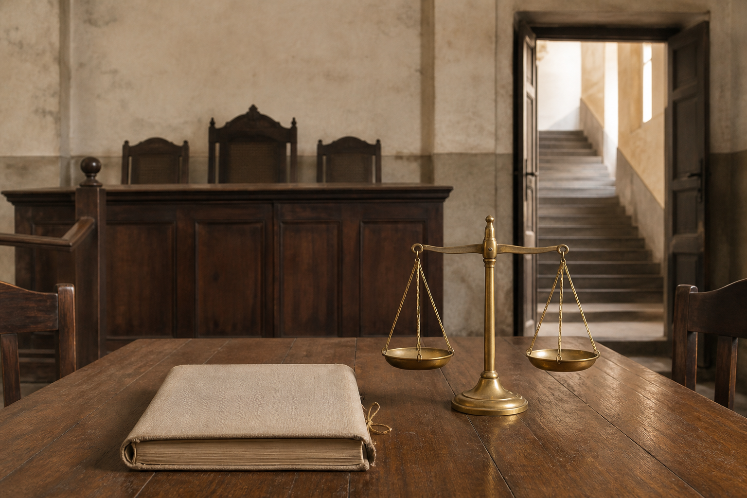 An empty district courtroom with a closed case file, balanced brass scales, and an open doorway leading to an upward staircase.