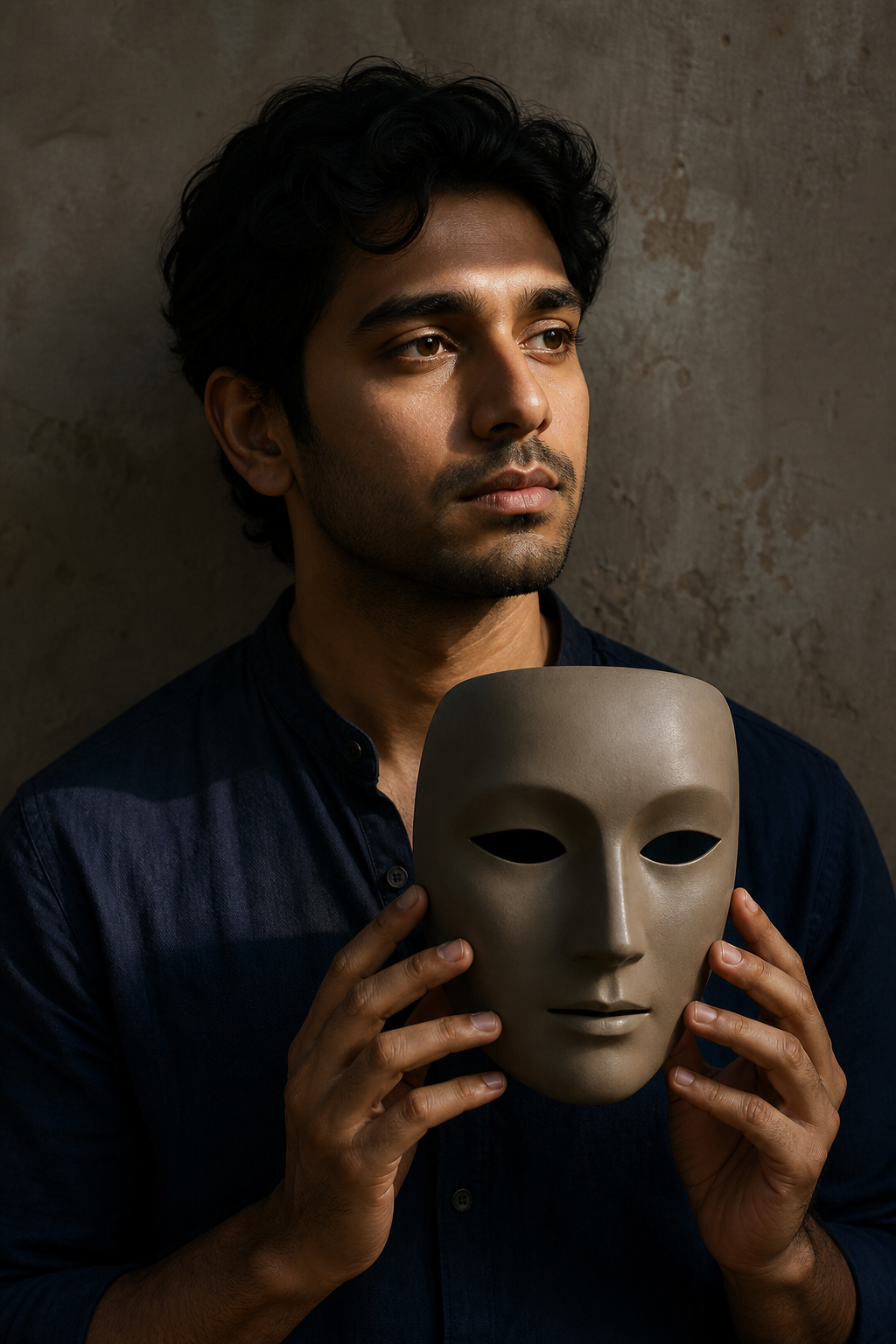 A thoughtful adult holds a plain expressionless mask away from the face while side light reveals the person's natural expression.