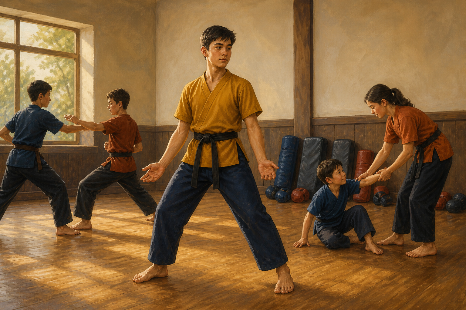 A teenage martial arts student pauses with open hands in a training hall while another youth helps a younger child stand.