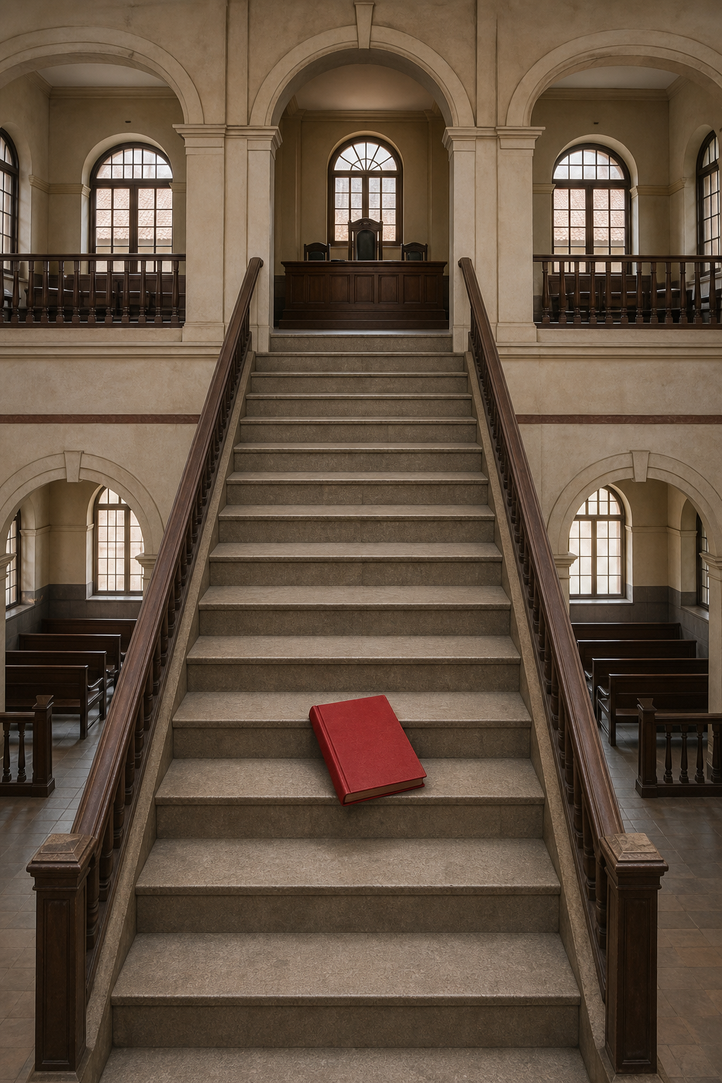 A blank case file rests on stairs connecting a district courtroom below with an appellate courtroom above.