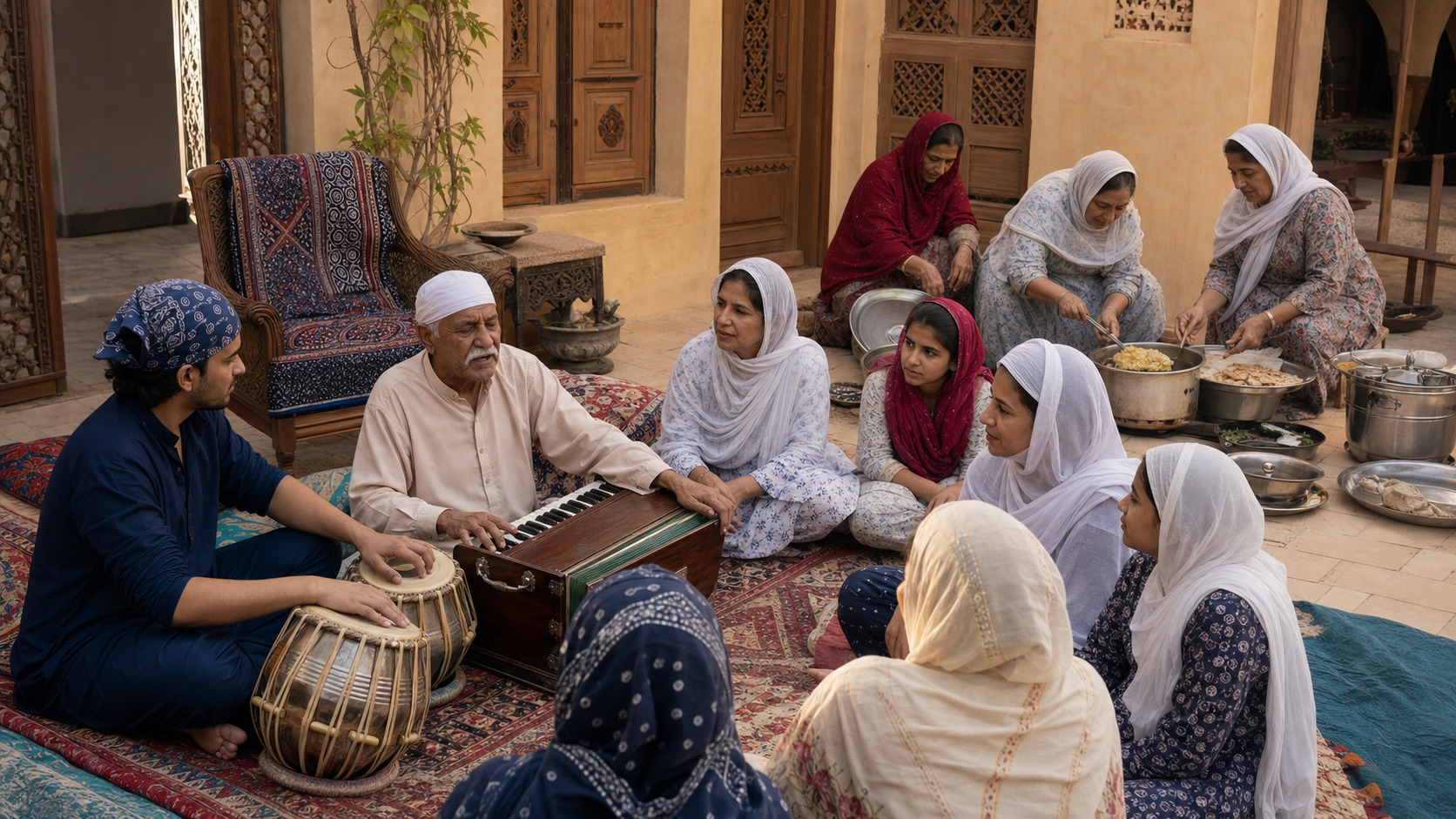 A multigenerational Sindhi family sings with a harmonium and tabla while relatives prepare a communal meal in a textile-lined courtyard.