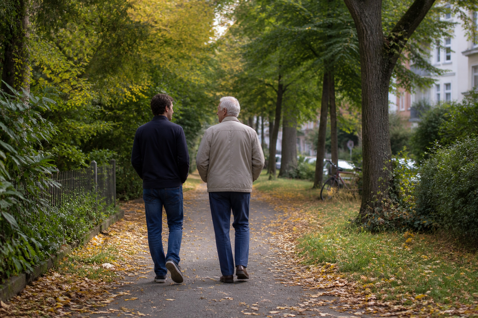 An older adult and a younger adult walk along a tree-lined path where green, yellowing, and fallen leaves appear together.