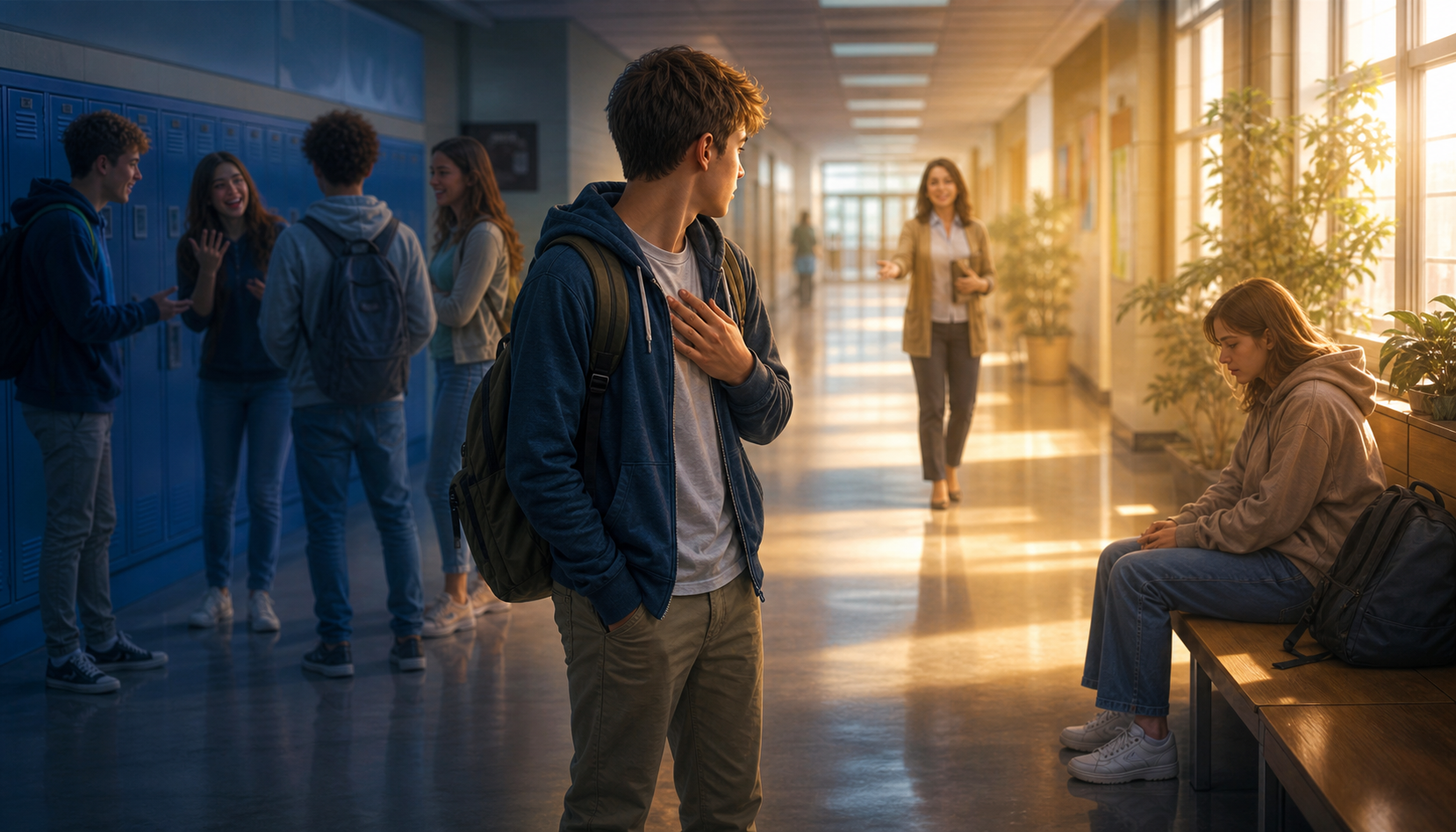 A reflective teenager in a school corridor considers whether to follow a tense crowd or move with a worried peer toward a trusted adult.