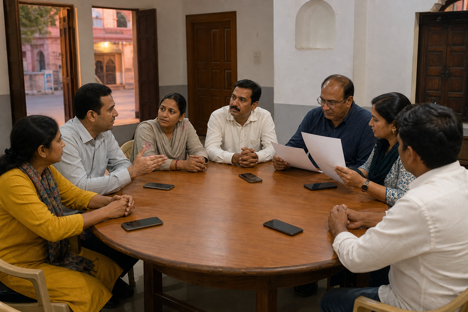 Residents sit calmly around a table with phones face down while discussing and checking blank documents together.