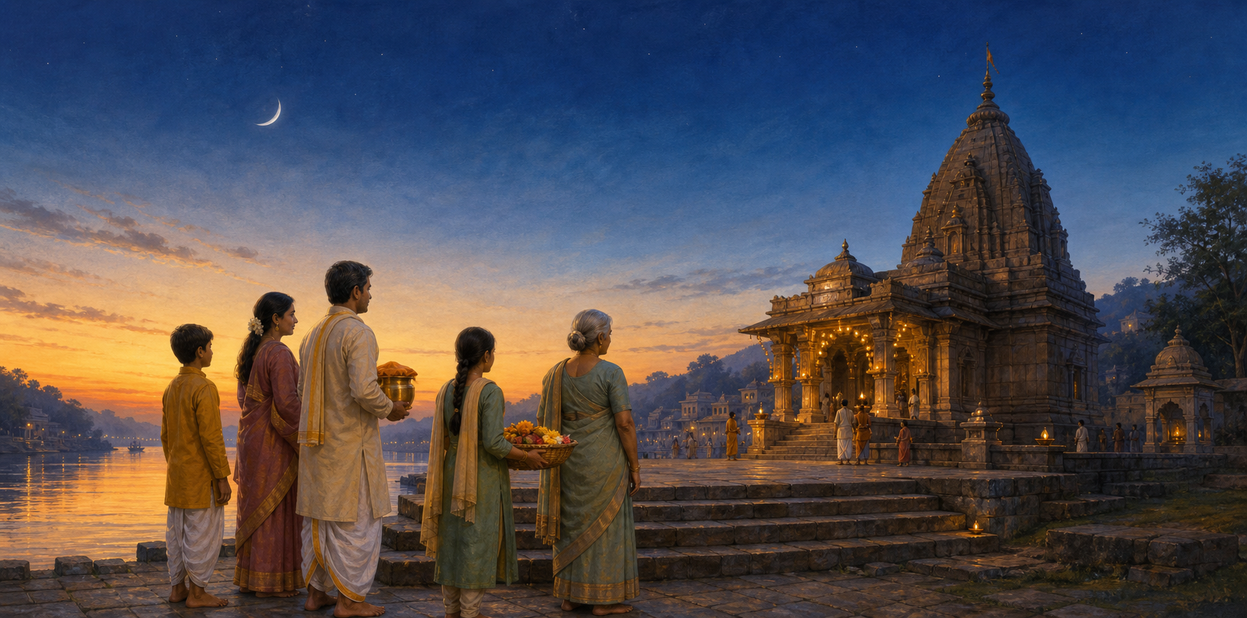 A family carrying flowers and a brass vessel approaches a riverside Hindu temple beneath a waning moon before sunrise.