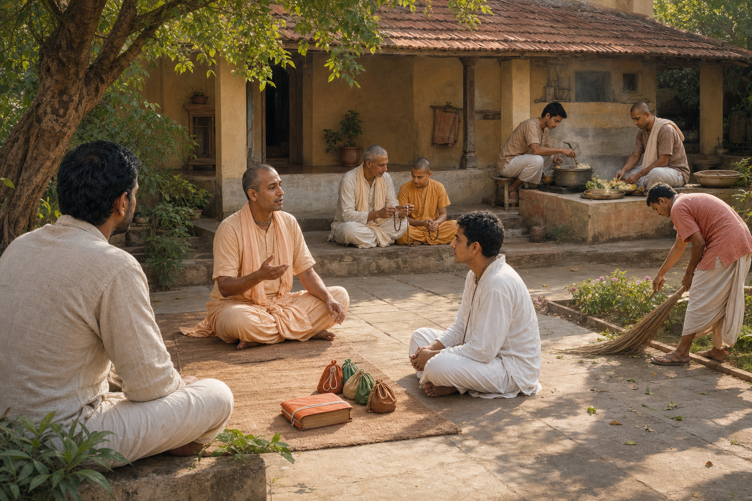A visitor observes teaching, chanting, cooking, and cleaning during daily life in a modest Vaishnava ashram courtyard.