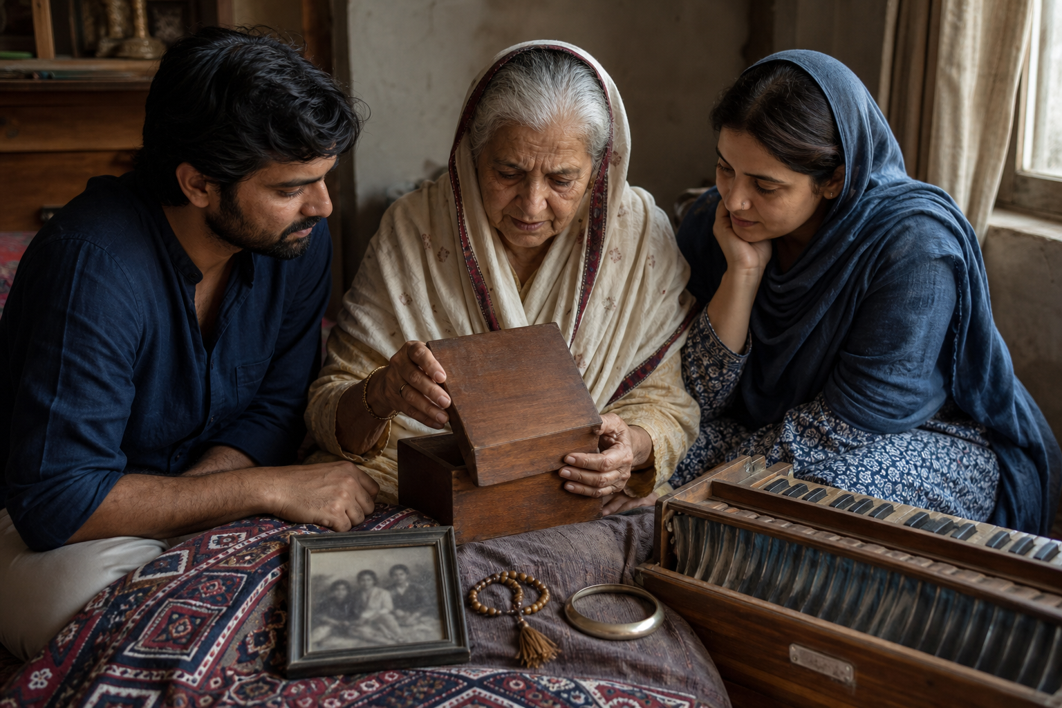 An older woman shares family keepsakes, including a bracelet, prayer beads, a Sindhi textile, a photograph, and a harmonium, with two younger relatives.