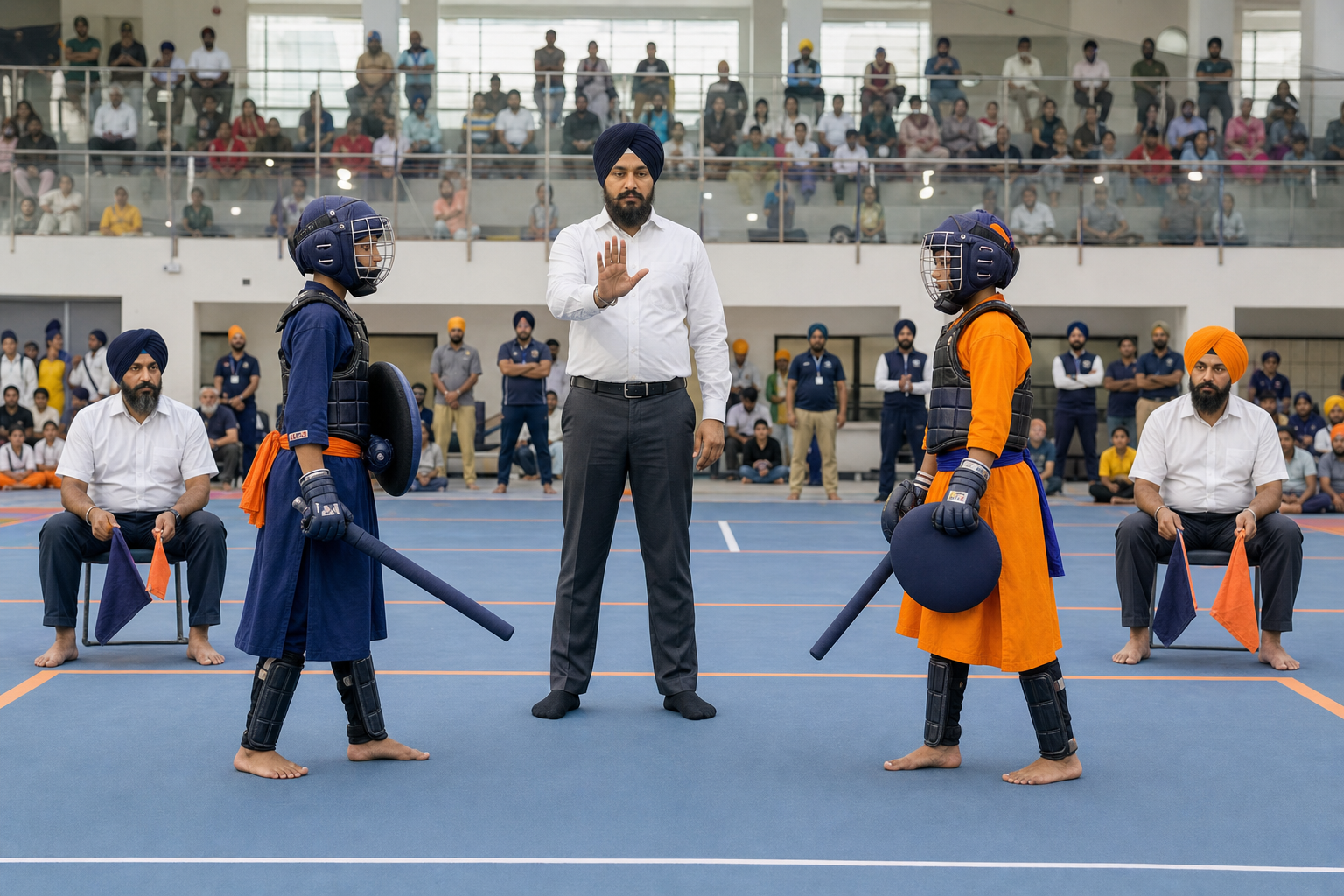 A Gatka referee signals between two protected competitors while judges observe from the edge of an indoor competition area.