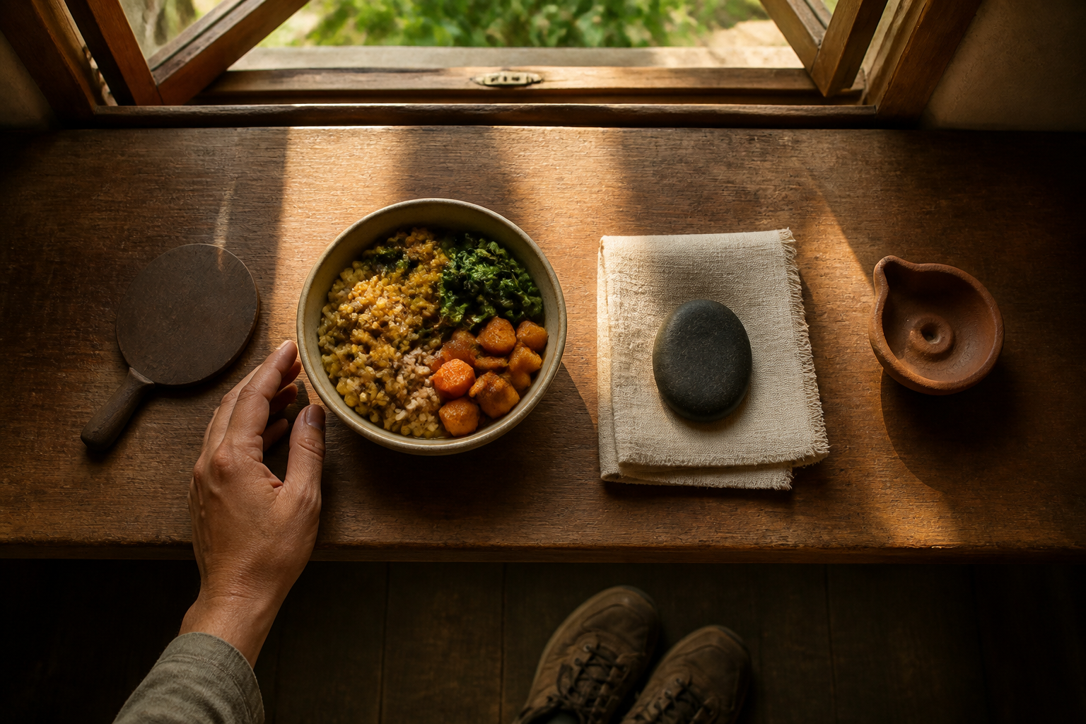 A hand rests beside a simple meal on a wooden table arranged with a face-down mirror, river stone, folded cloth, clay lamp, and walking shoes.