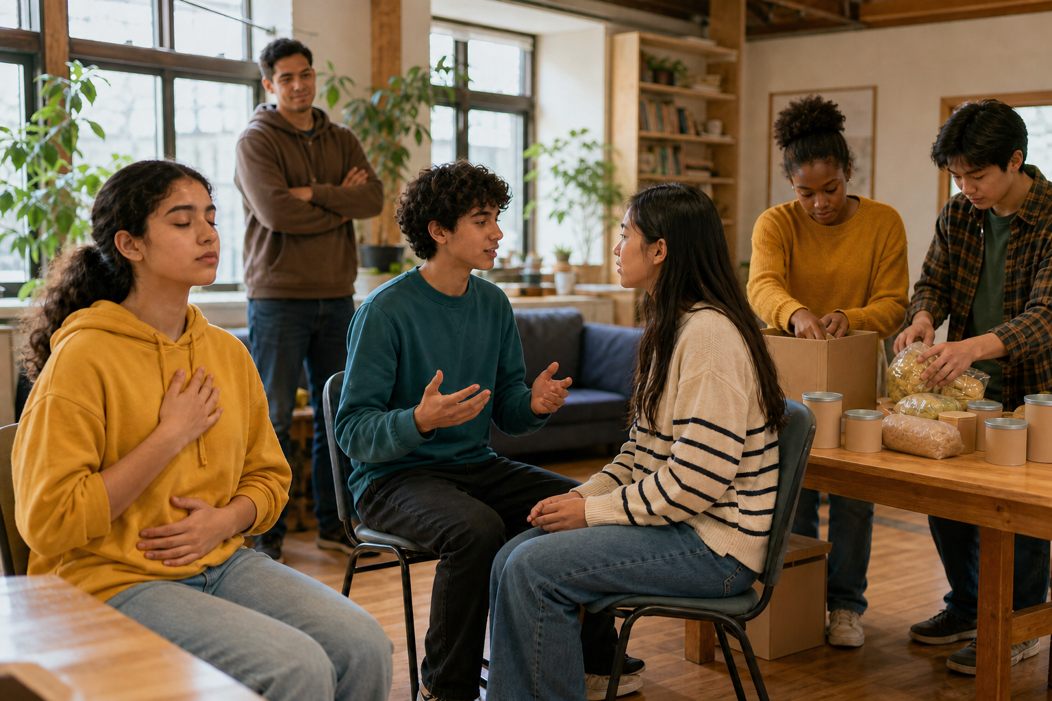 Teenagers practice calm conversation, controlled breathing, and community service together in a sunlit youth center.
