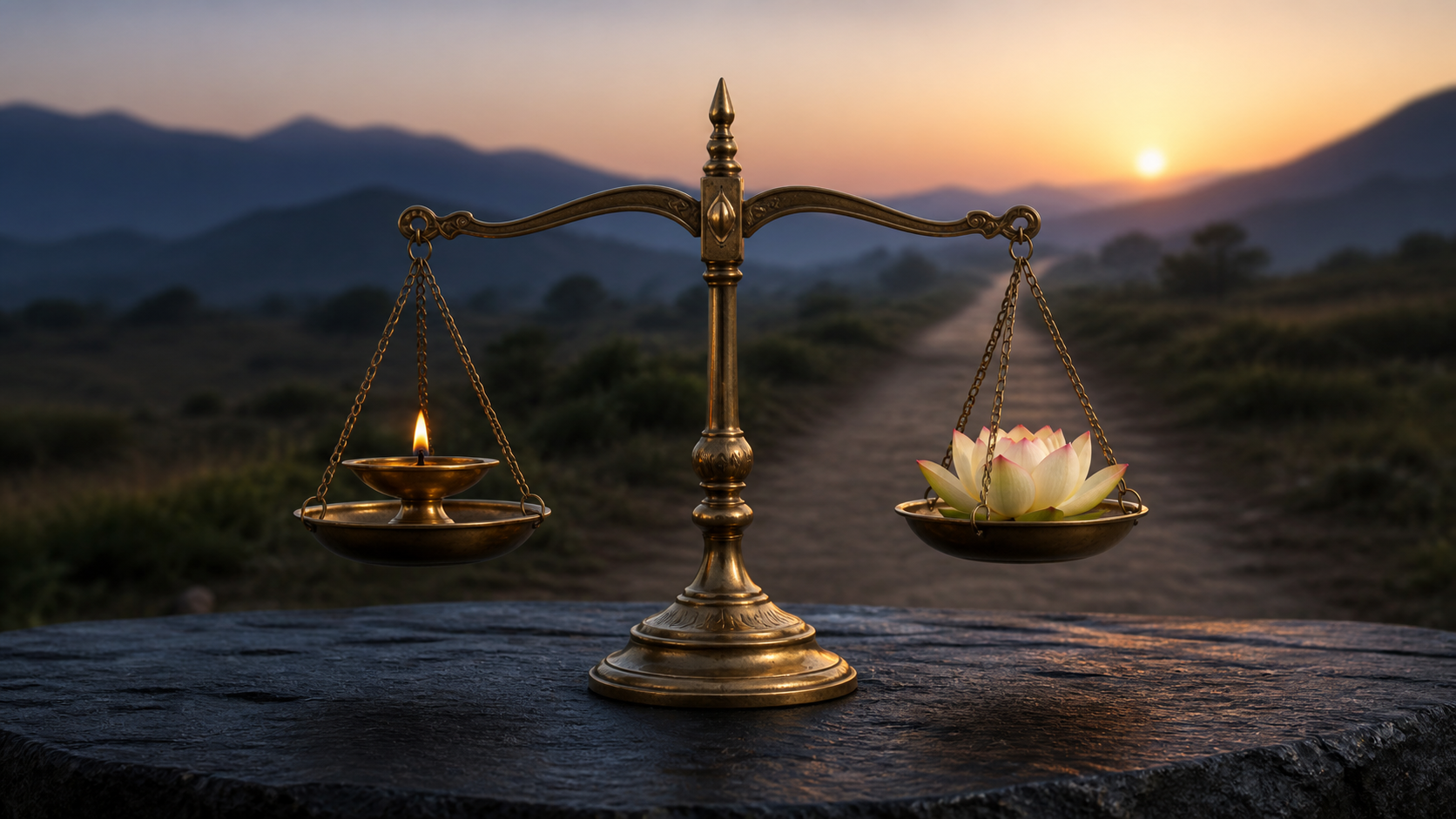 Balanced brass scales stand between a lit oil lamp and a pale lotus on a stone surface at dawn.
