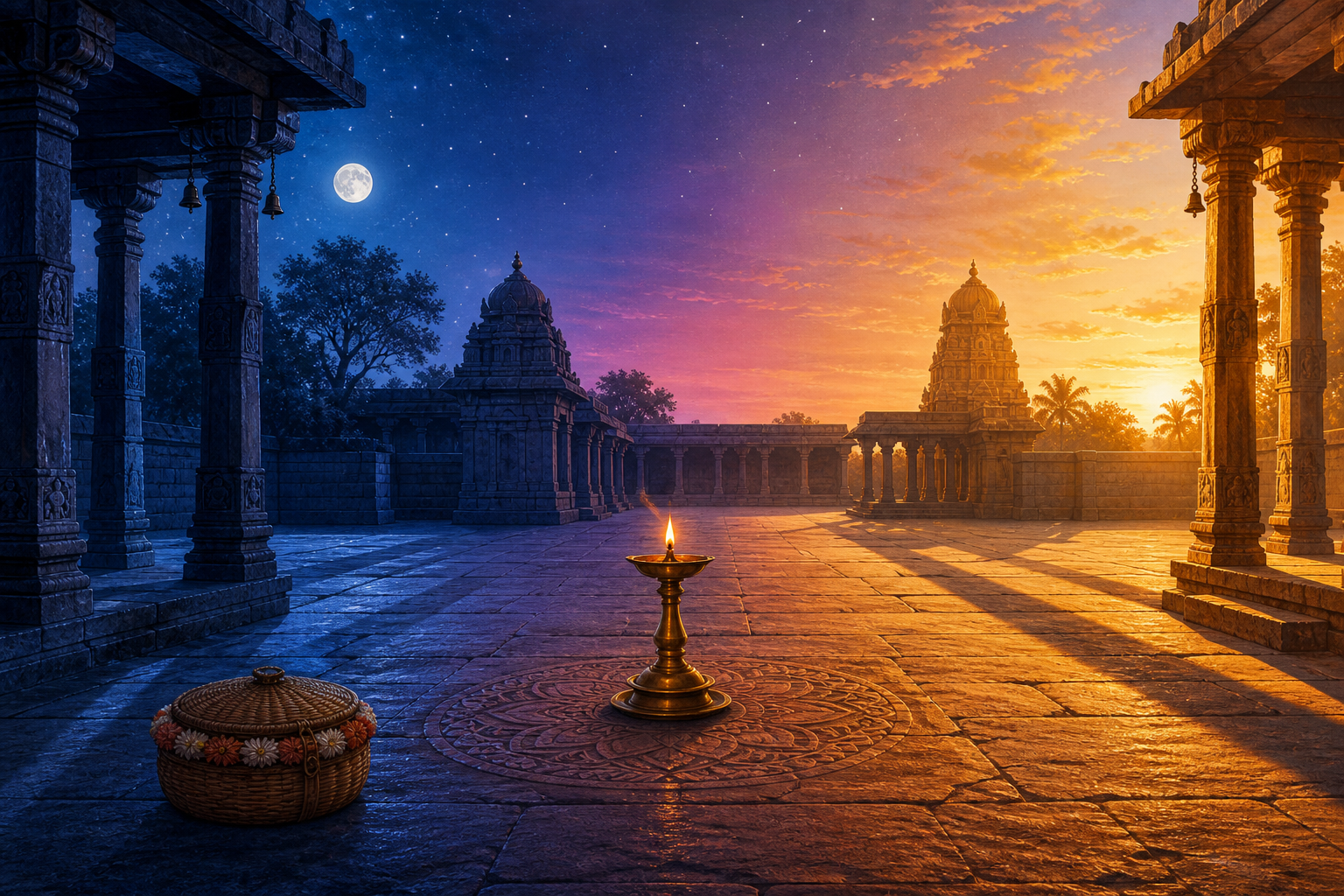 A brass oil lamp stands in a temple courtyard beneath a sky that transitions from moonlit night through predawn to early sunlight.