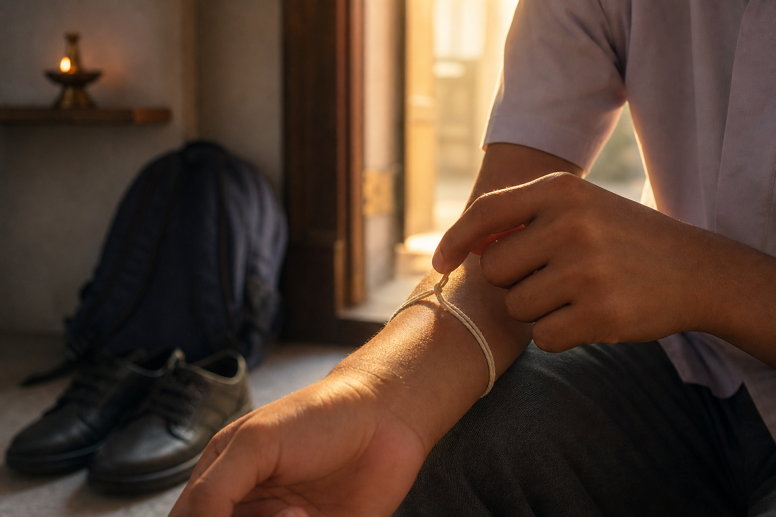 A teenager ties a plain cotton thread around their wrist beside a school backpack and a sunlit doorway.