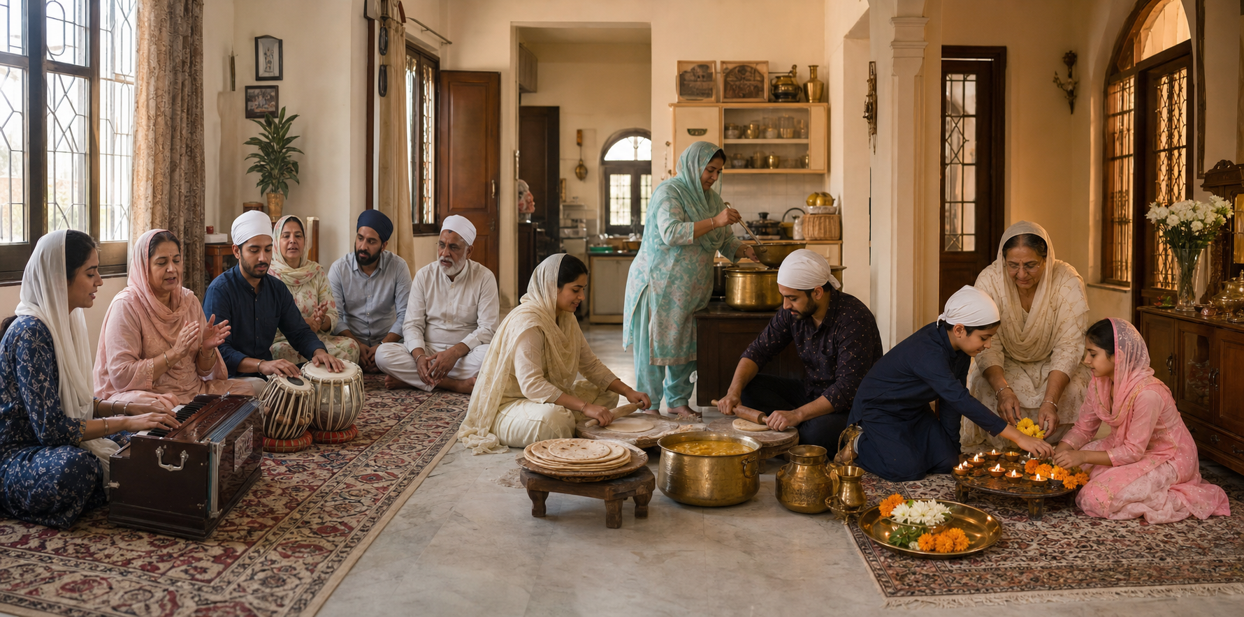 Relatives sing kirtan, prepare flatbread and lentils for langar, and arrange lamps and flowers together in a shared family space.