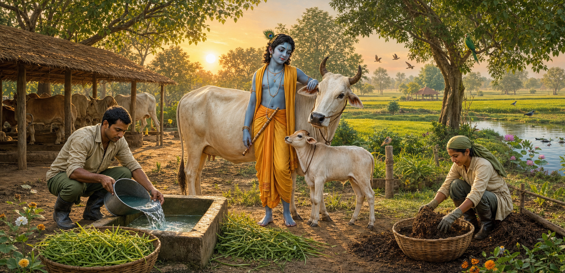 Krishna stands beside a zebu cow and calf while caregivers provide water, fodder, and composting in a sunrise pasture connected to trees, fields, and a pond.