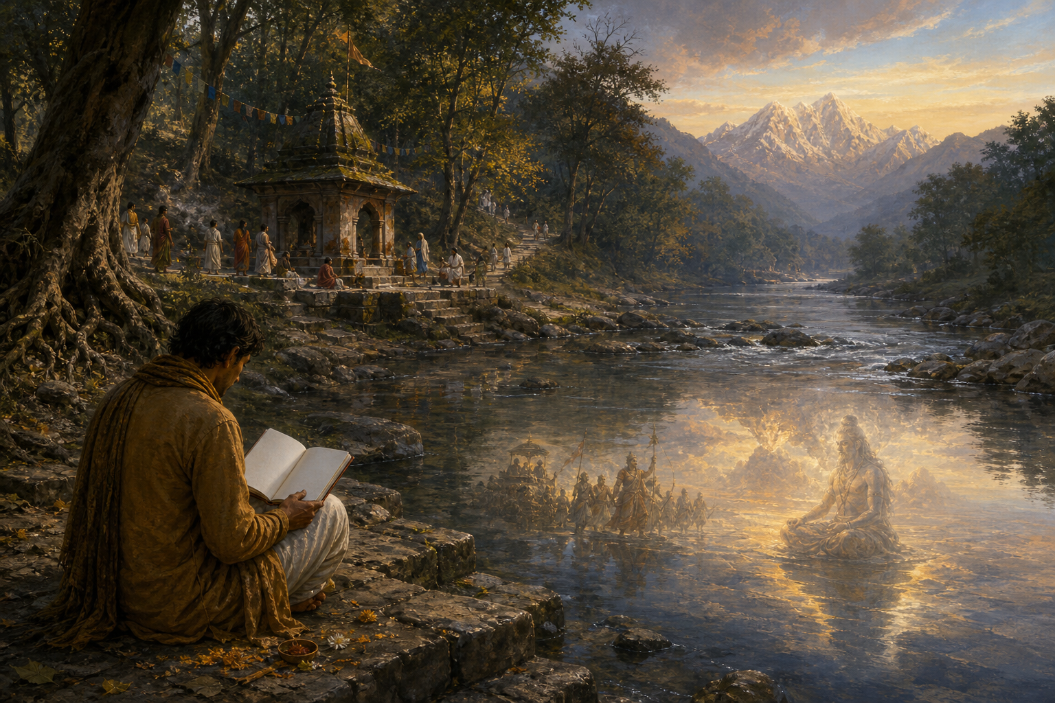 A reader examines stones and flowing water beside a sacred river while pilgrims, a forest shrine, and faint epic imagery recede into the distance.