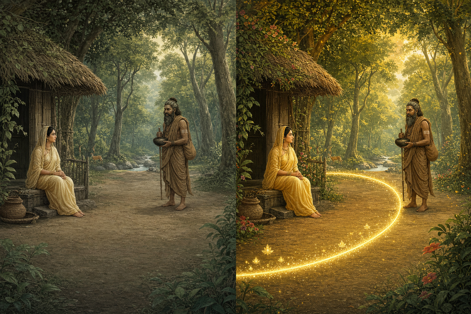 Two parallel versions of Sita at a forest hermitage show plain ground in one scene and a glowing boundary line in the other.