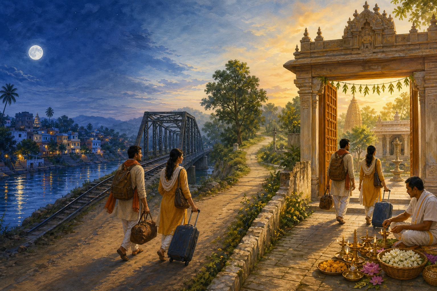A panoramic illustration links a moon over a town, pilgrims traveling along a route, and an open Hindu temple gateway prepared with lamps and flowers.