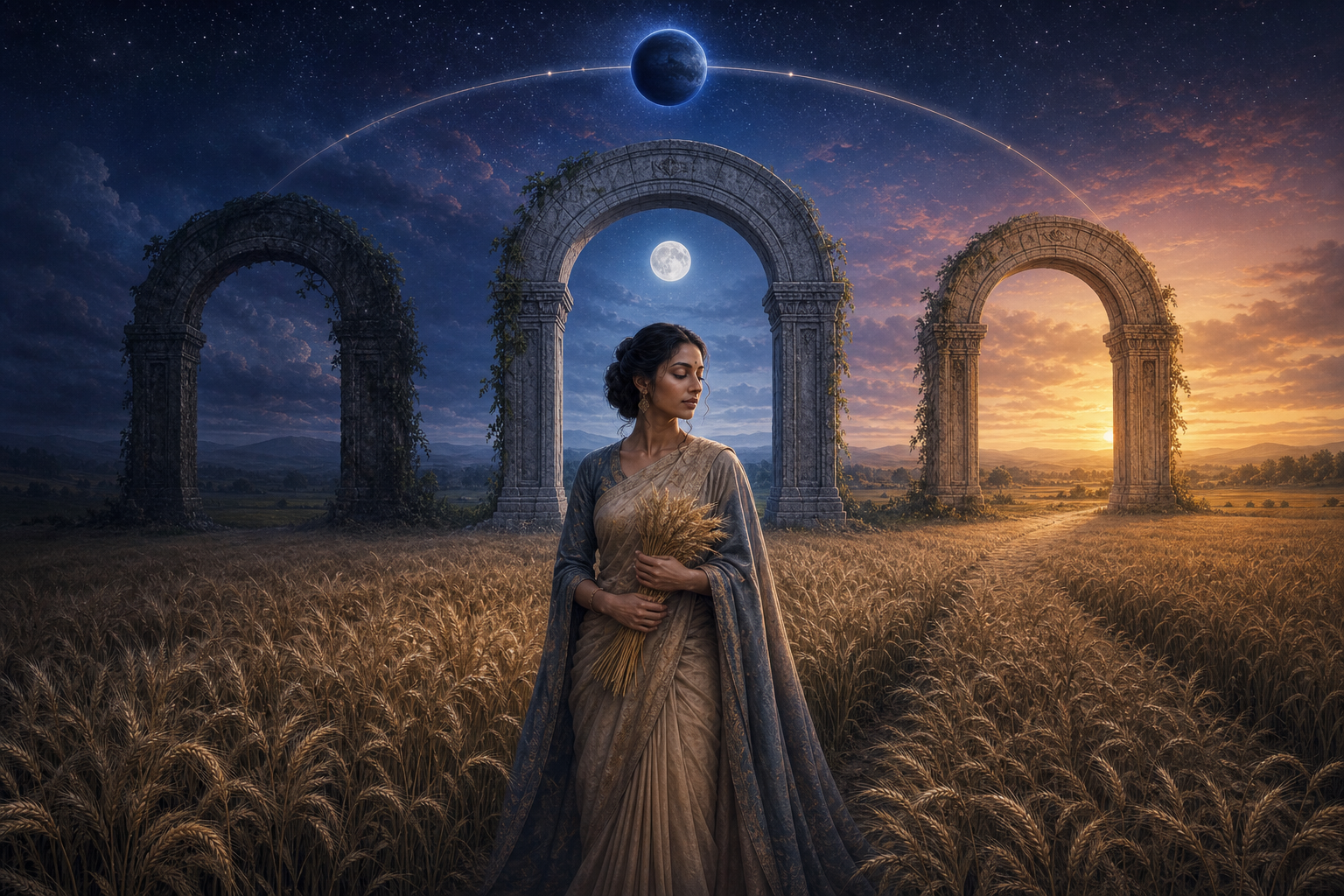 A symbolic Virgo maiden stands in a grain field beneath the Moon and a dark celestial orb, with three stone gateways leading from twilight toward dawn.