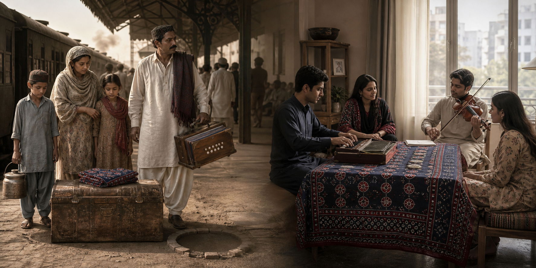 A family carries a trunk, cooking vessel, harmonium, and folded textile from an old railway platform toward a present-day home where younger relatives gather.
