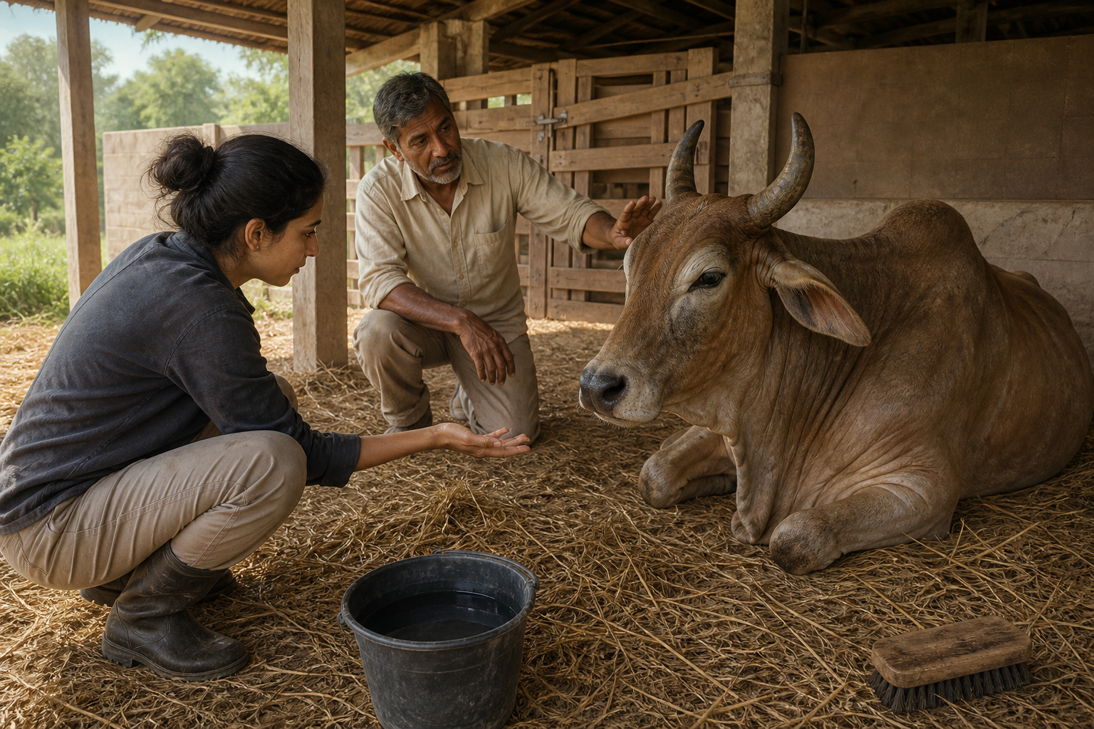 A volunteer learns from an experienced caregiver while calmly approaching an elderly zebu cow in a clean, open-sided shelter.