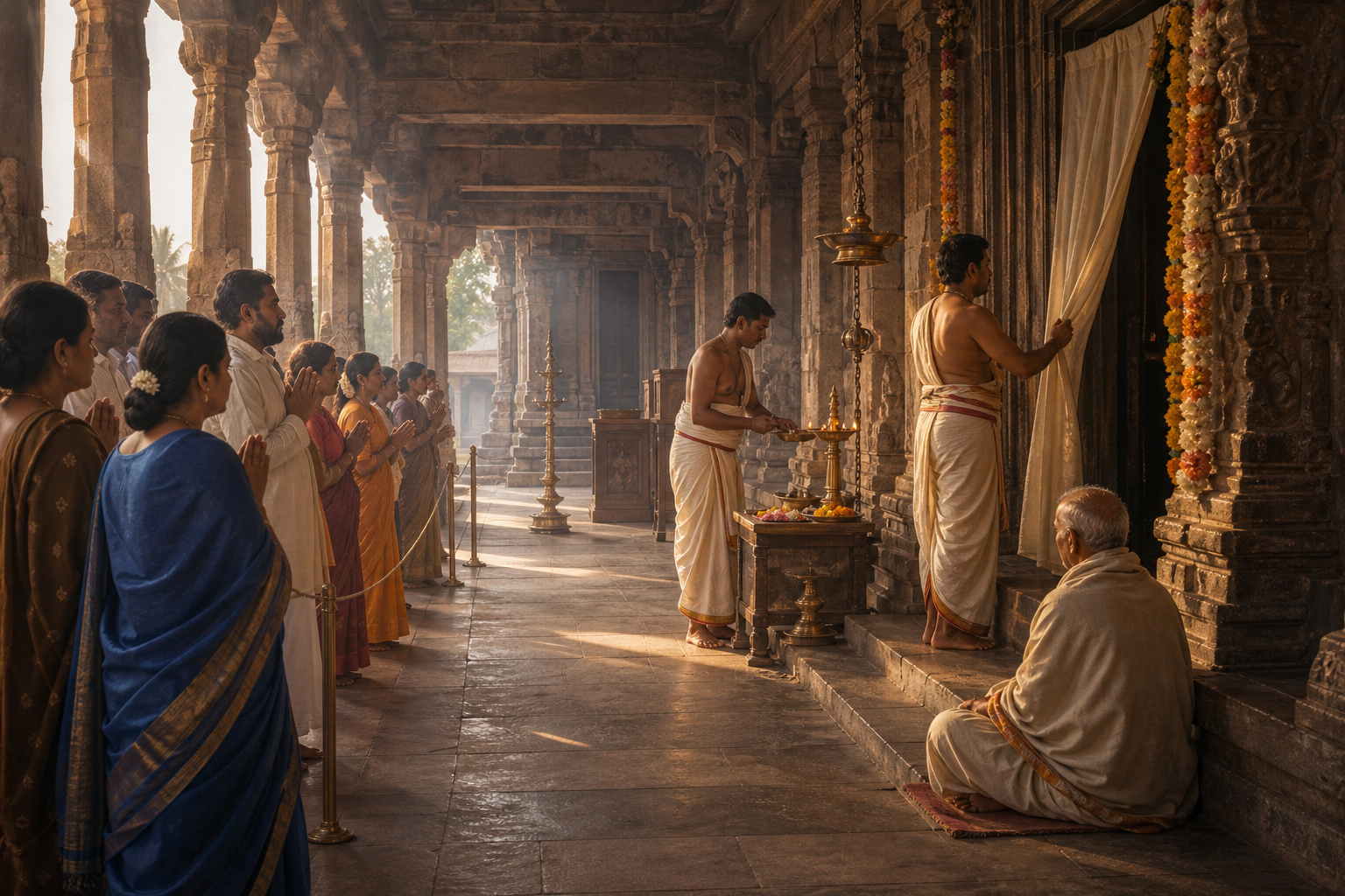 Pilgrims wait in a stone temple hall as a priest opens a curtained inner doorway and an attendant prepares a brass lamp and flowers.