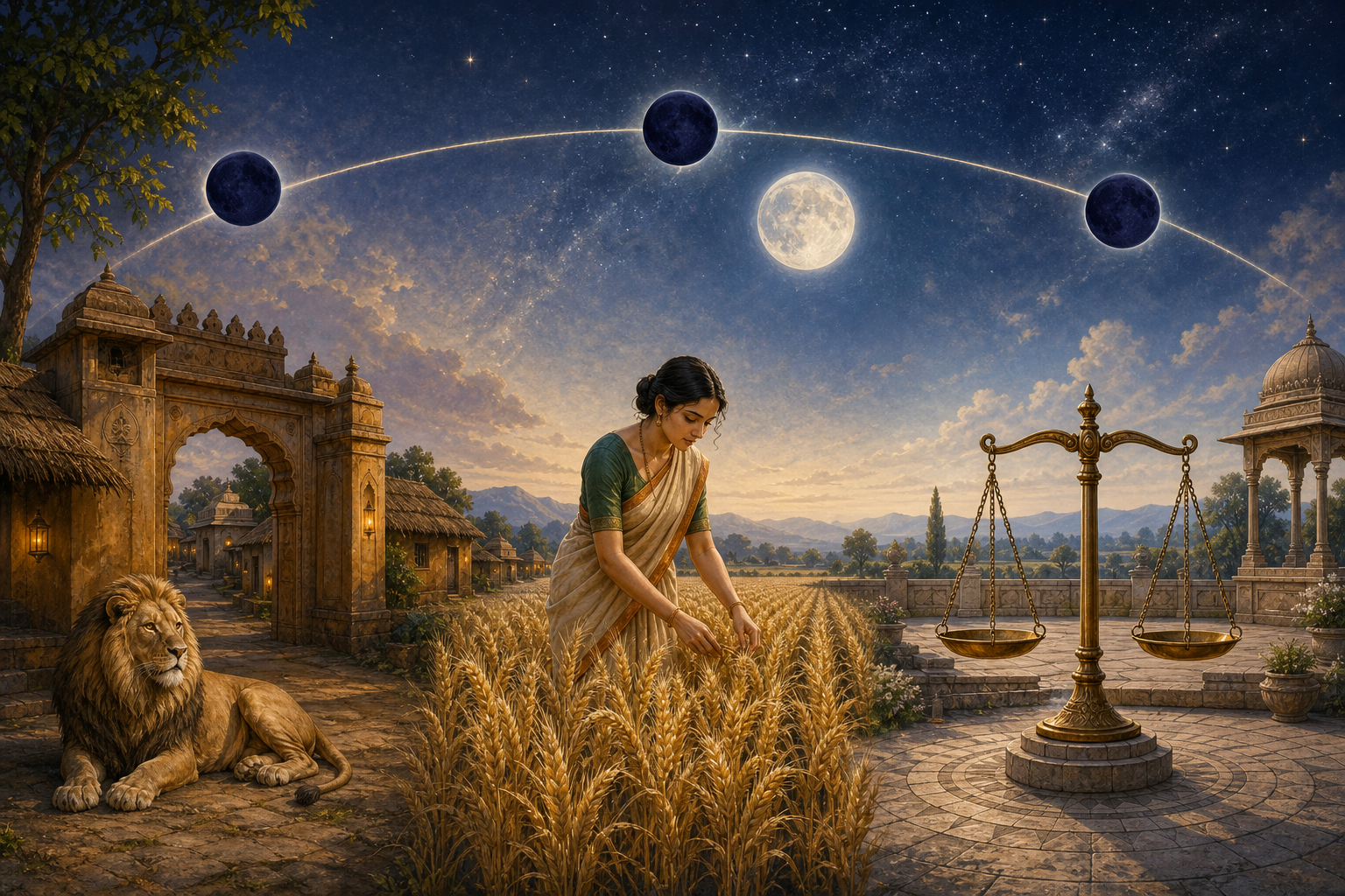 Three connected scenes show a dark celestial orb moving above a lion, a maiden in a wheat field beneath the Moon, and a pair of balanced scales.