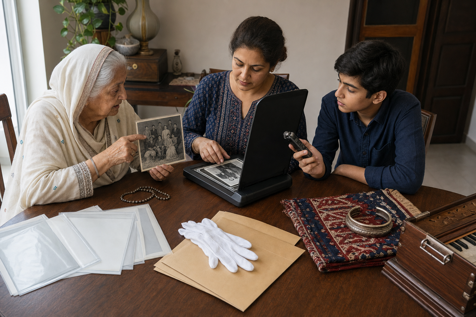 Three generations scan family photographs, record an elder's oral history, and arrange keepsakes in archival sleeves and plain folders.