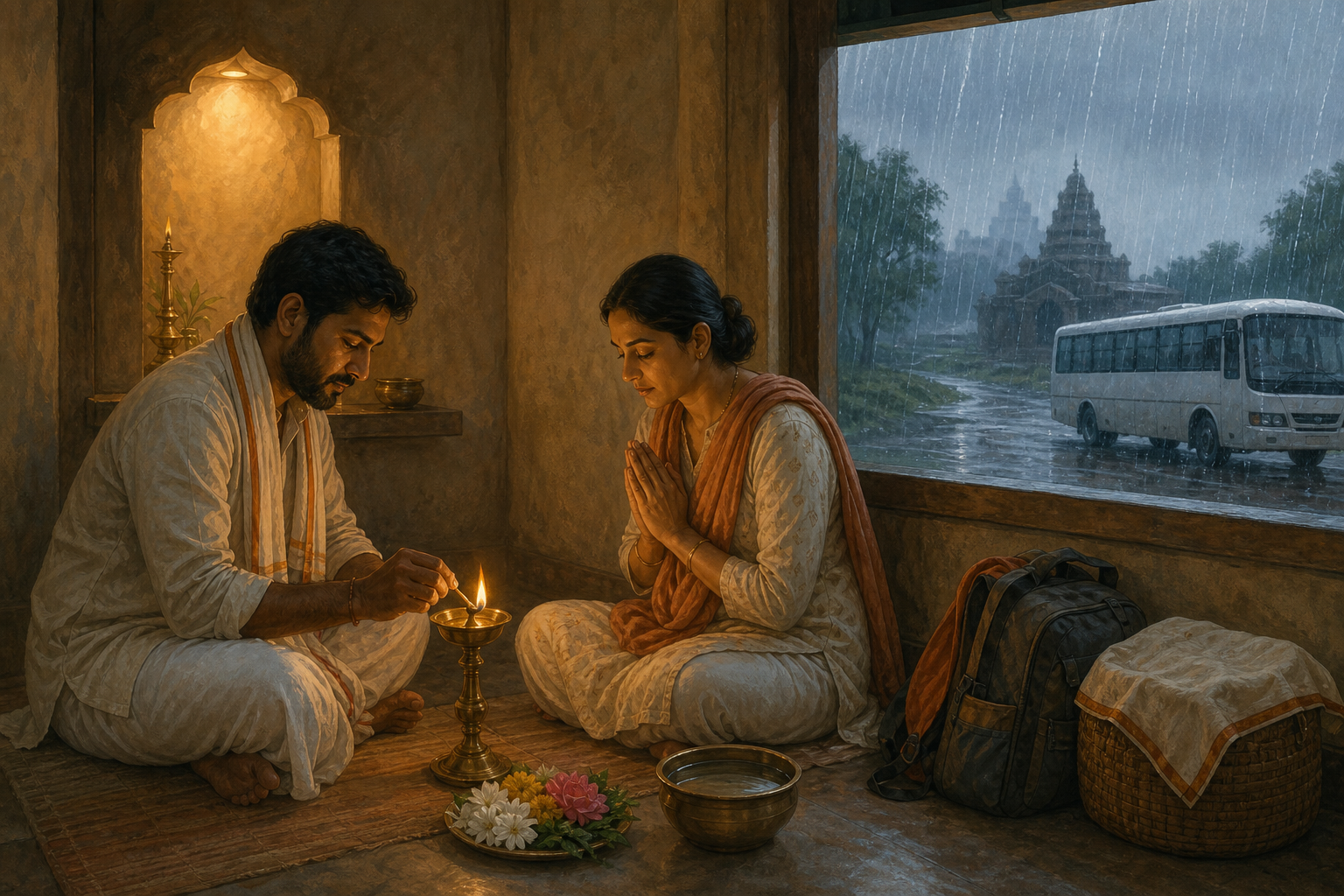 Two pilgrims pray beside a brass lamp and flowers in a guesthouse while monsoon rain hides a distant temple and a bus waits outside.