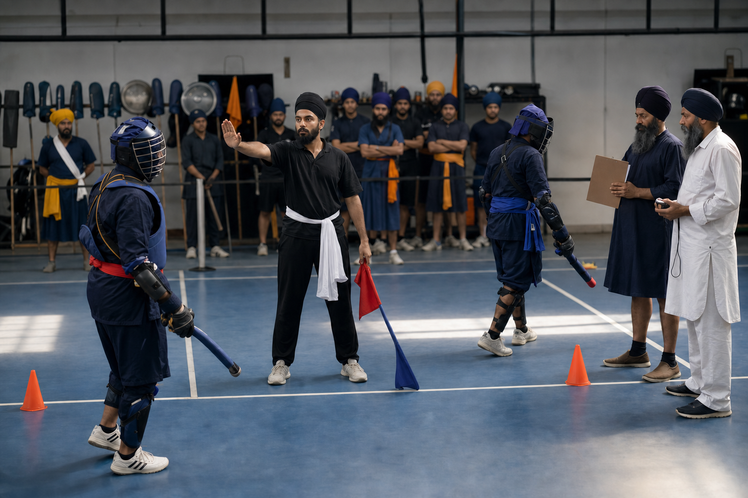 A referee candidate manages a simulated Gatka bout while assessors evaluate the decision from the side of a training court.