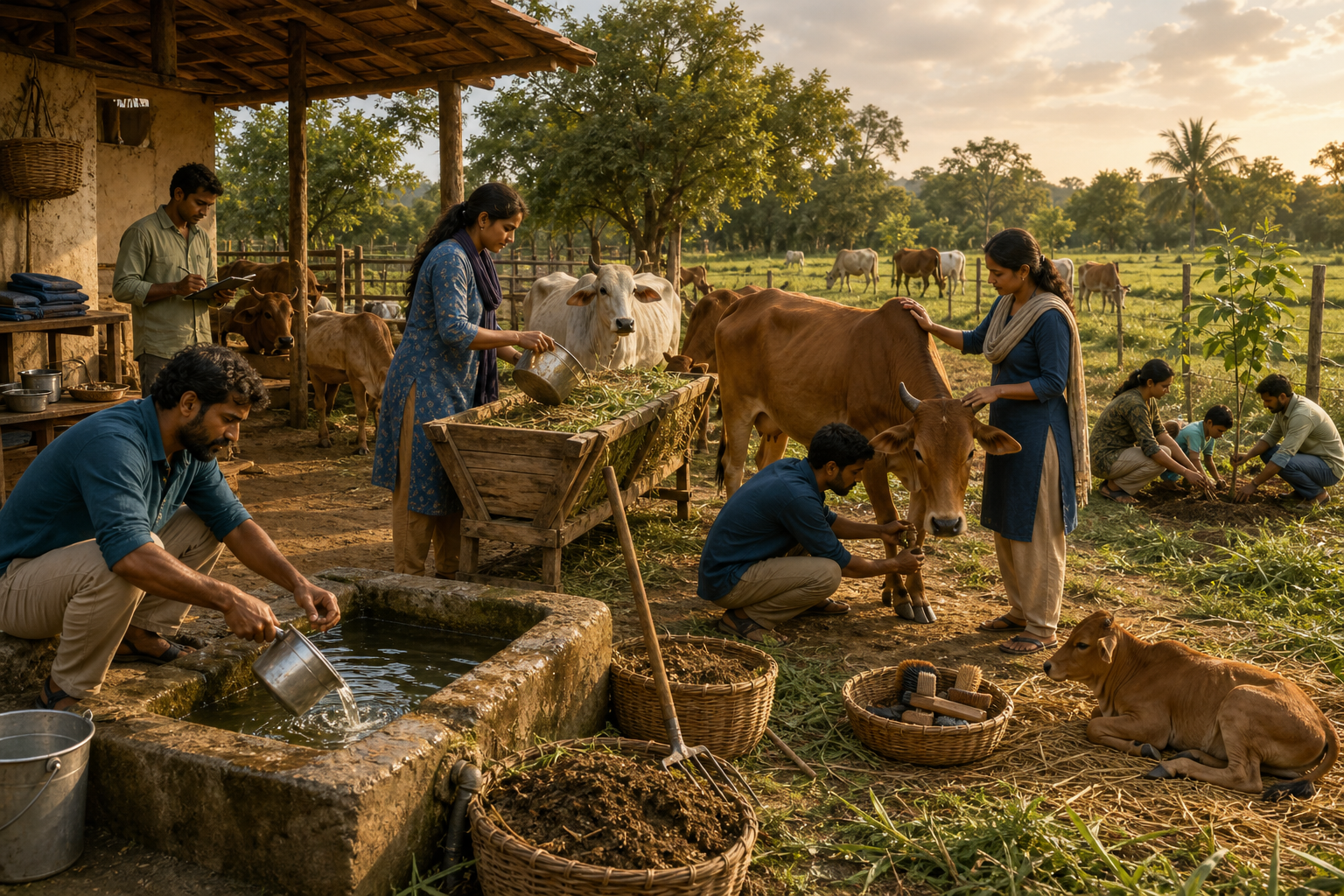 Volunteers refill water, distribute fodder, groom cows, inspect hooves, organize supplies, and plant a shade tree at a modest cow sanctuary.