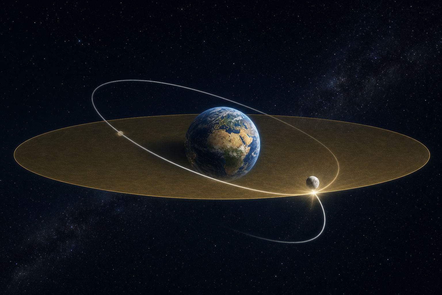 Earth is encircled by a tilted lunar orbit that crosses a golden orbital plane at a glowing point.