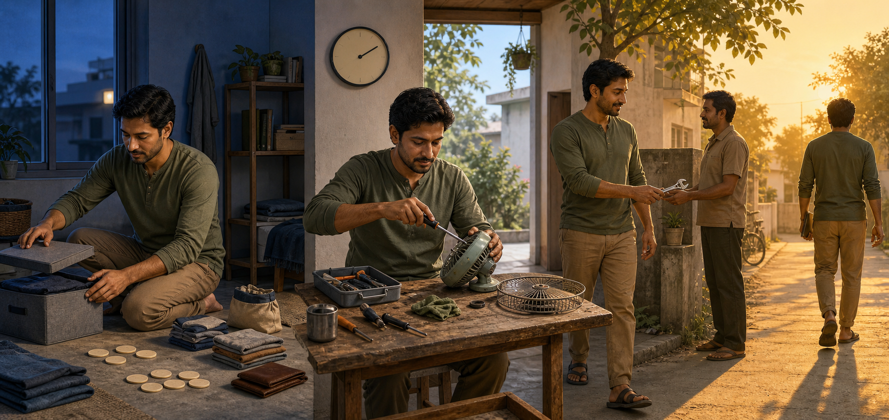 Three scenes show a person simplifying possessions, maintaining a disciplined work routine, and completing responsibilities before walking along a clear path.