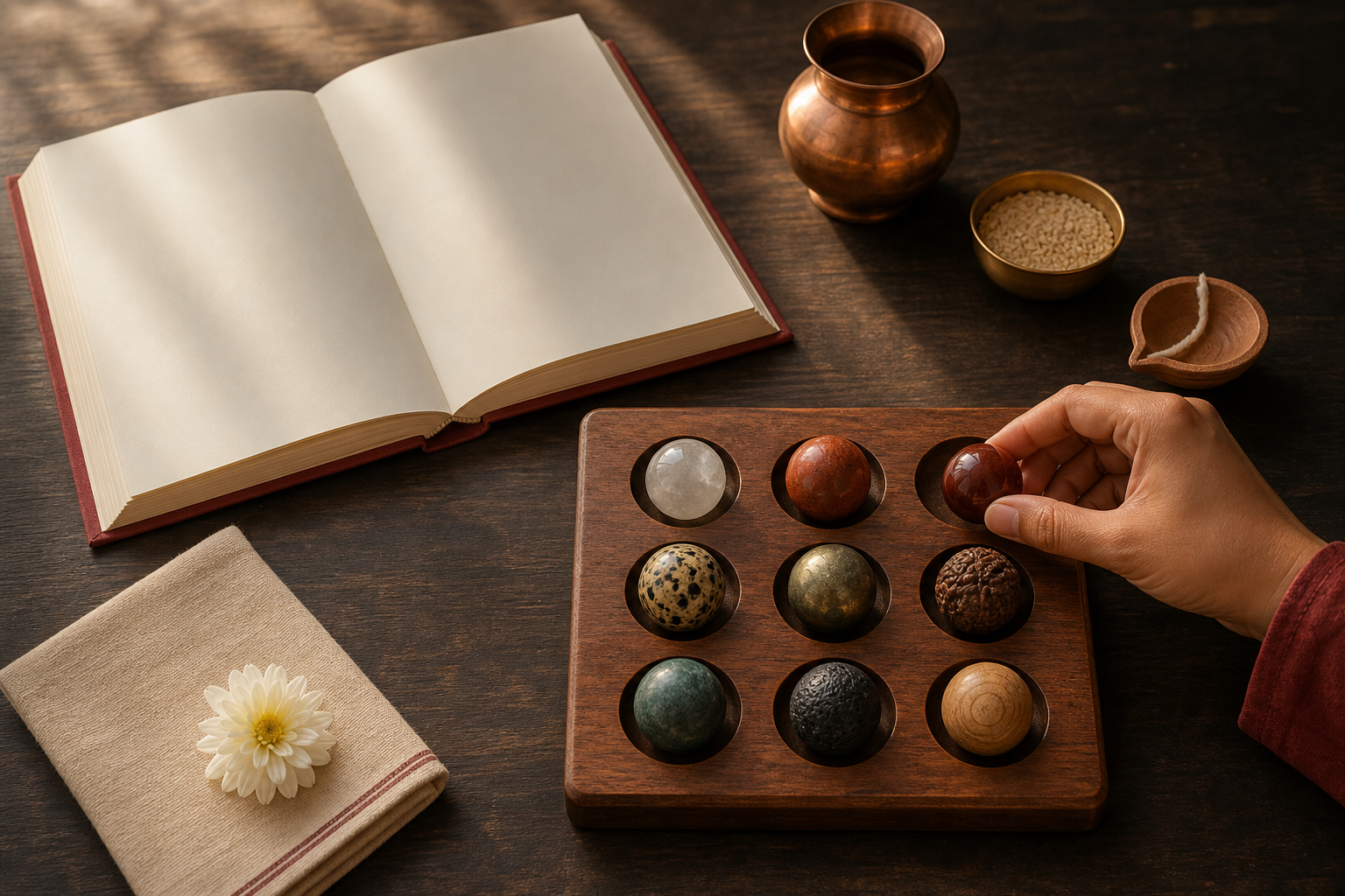 An unmarked red book, nine small spheres, a copper vessel, grains, a flower, cloth, and a lamp arranged on a wooden study table.