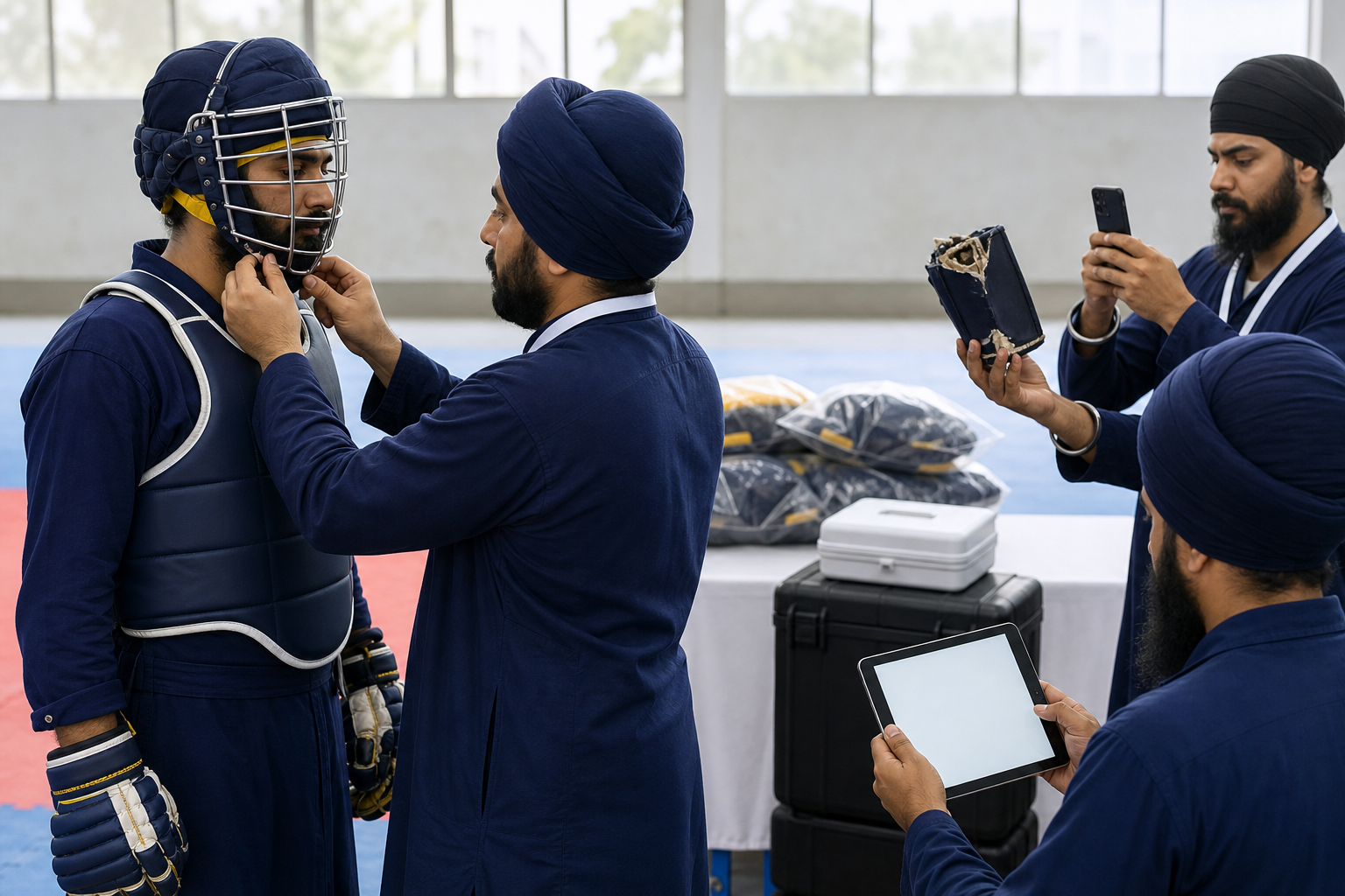 Officials inspect a Gatka competitor's protective gear, document a damaged item, and record the safety check on a tablet.