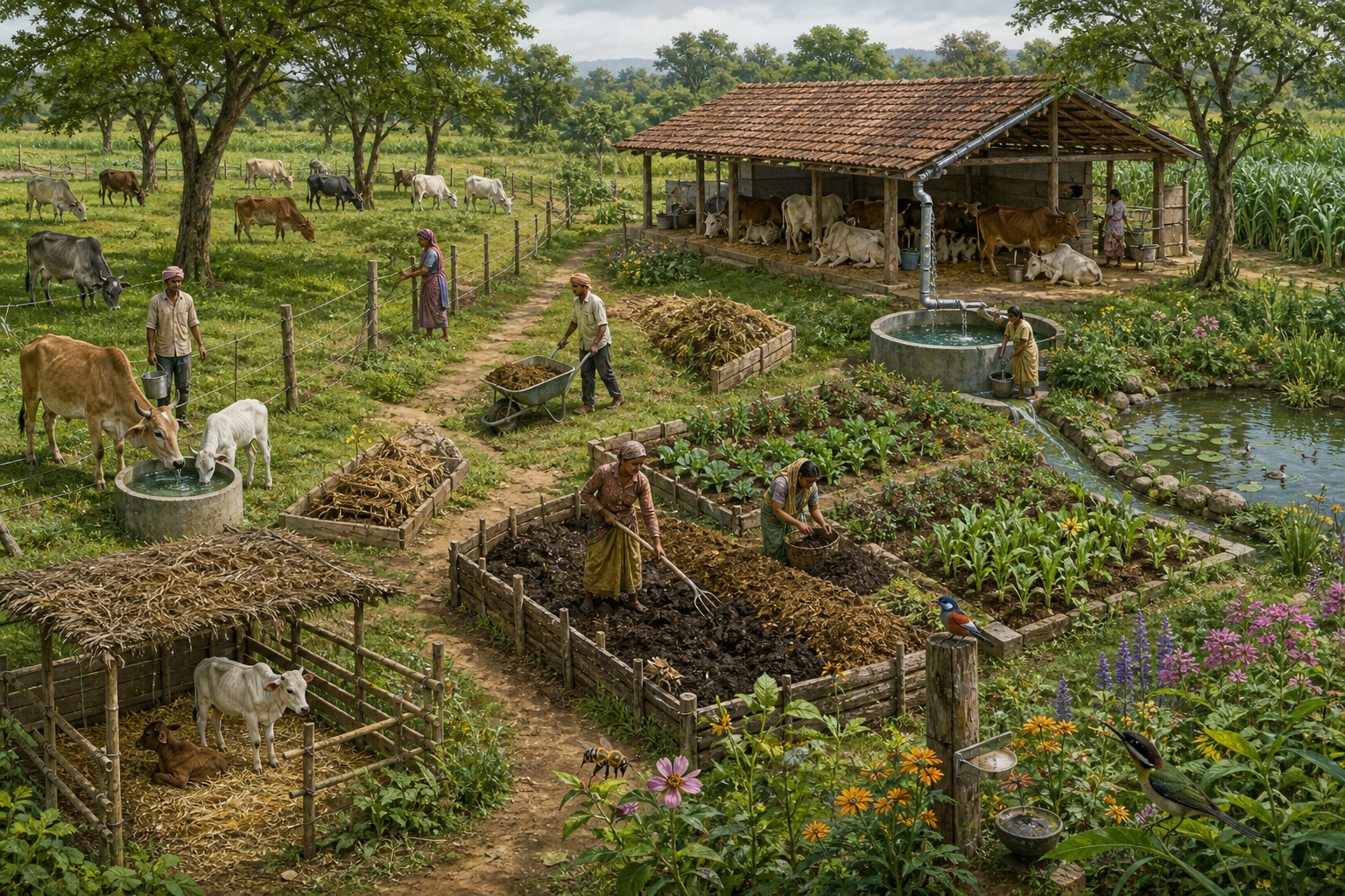 An elevated view connects grazing cows, caregivers, rainwater collection, composting, fodder fields, flowering borders, and a pond within one sanctuary landscape.