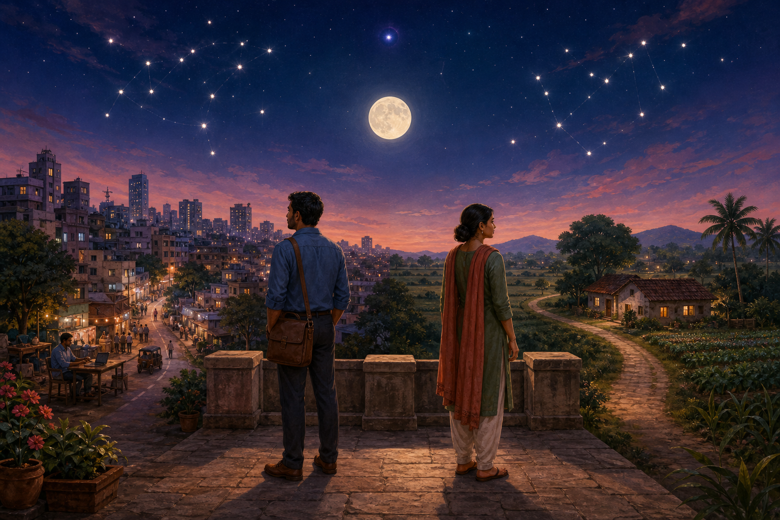 Two people beneath the same Moon and dark celestial orb face different paths, one through a busy town and the other through a quiet rural landscape.