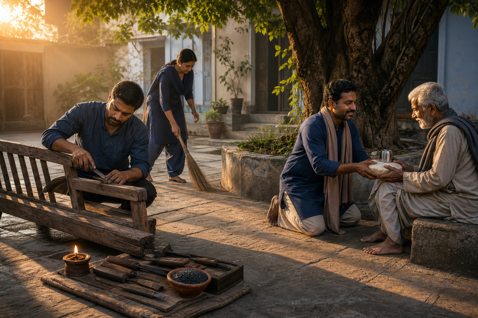 People repair a bench, sweep a community courtyard, and offer a meal to an older neighbor beside tools, an oil lamp, and a bowl of dark sesame seeds.