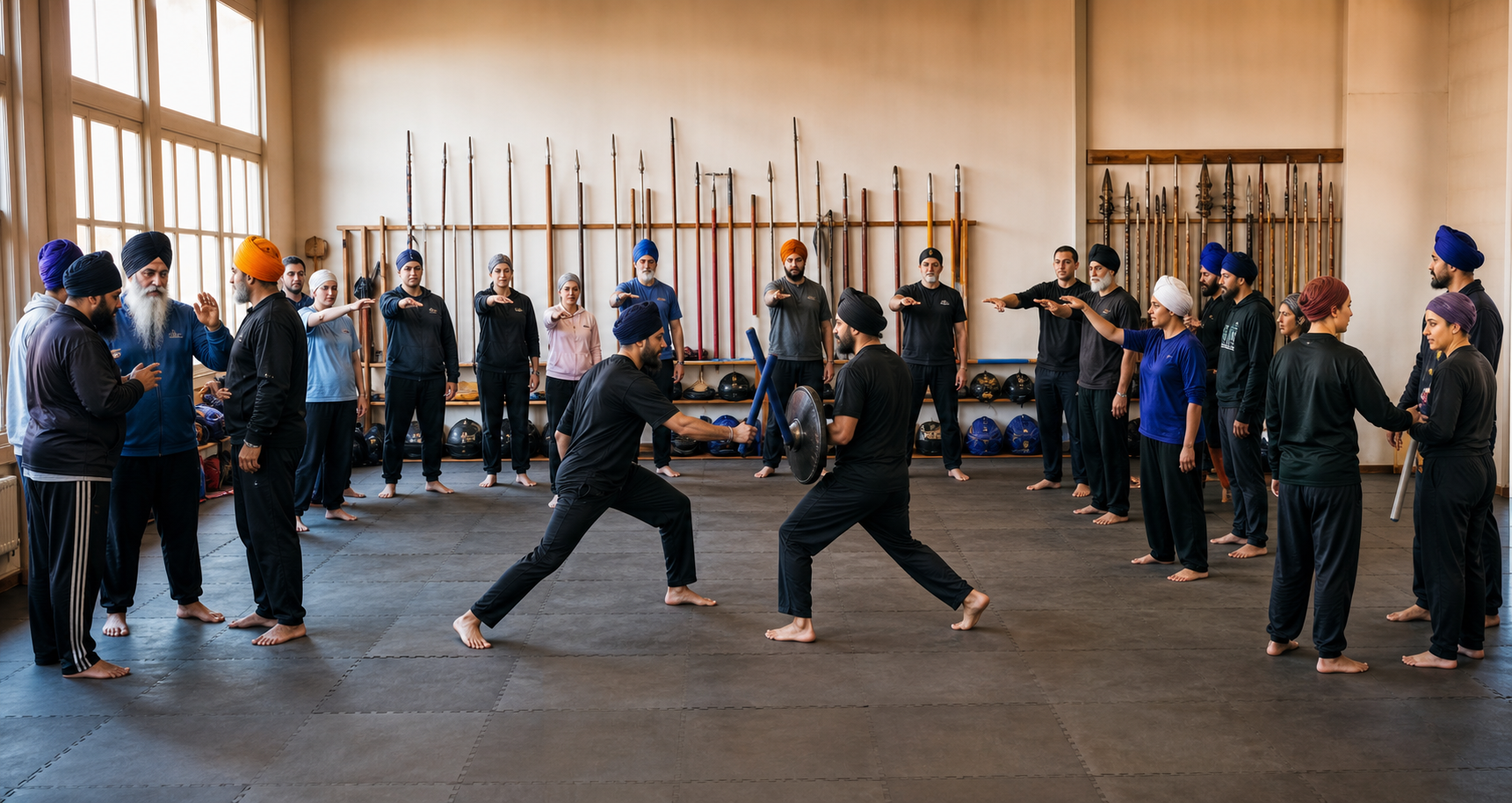 Officials and coaches from varied backgrounds practice a shared signal during a national Gatka training clinic.