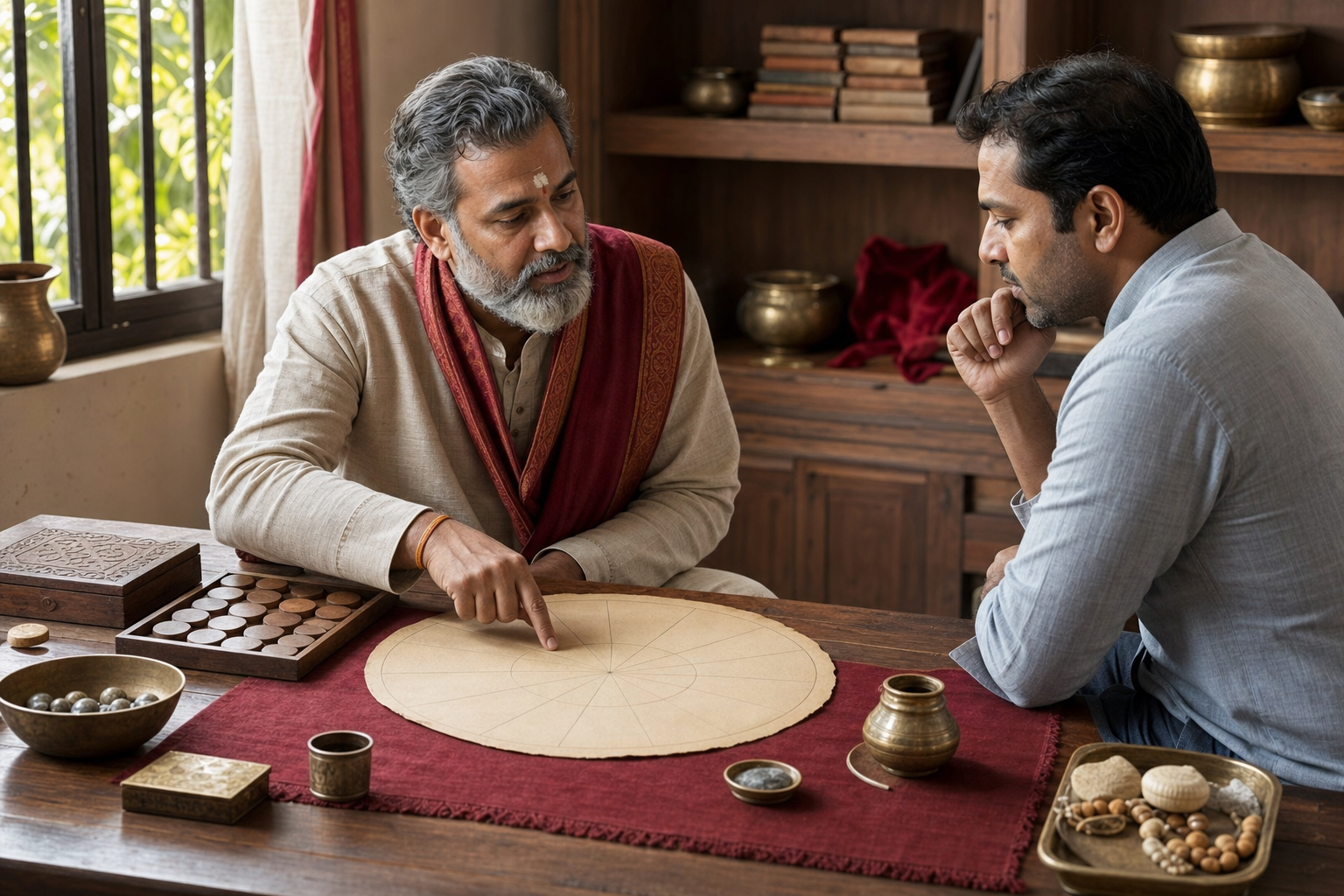 An astrologer-scholar and a visitor examine a blank circular parchment while unlabeled tokens and household objects remain organized beside them.