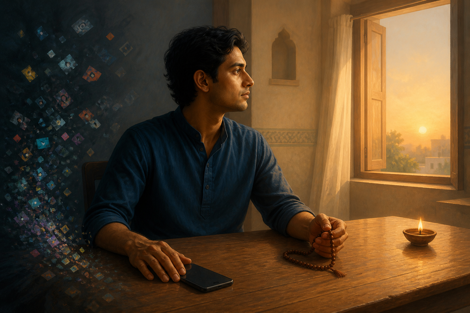 A person sits calmly at a dawn-lit desk with a face-down smartphone, wooden meditation beads, and a small oil lamp beside an open window.