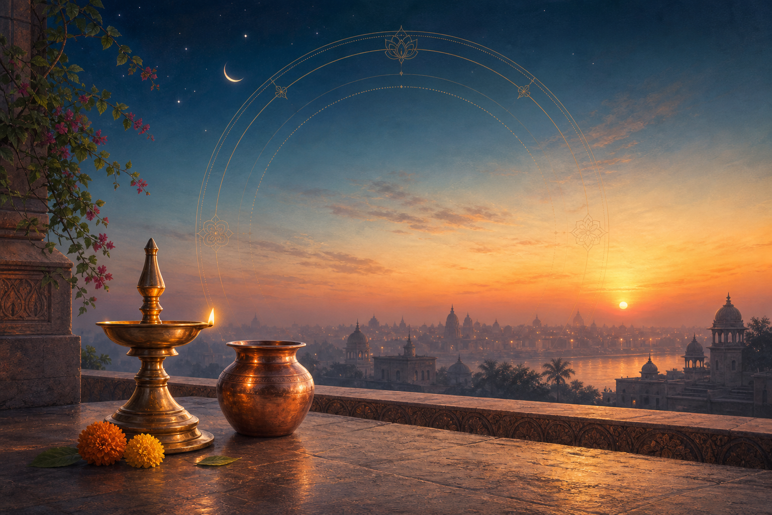 A brass oil lamp and copper vessel on a terrace at dawn, with an Indian city skyline, crescent moon, and an unnumbered circular timing motif.