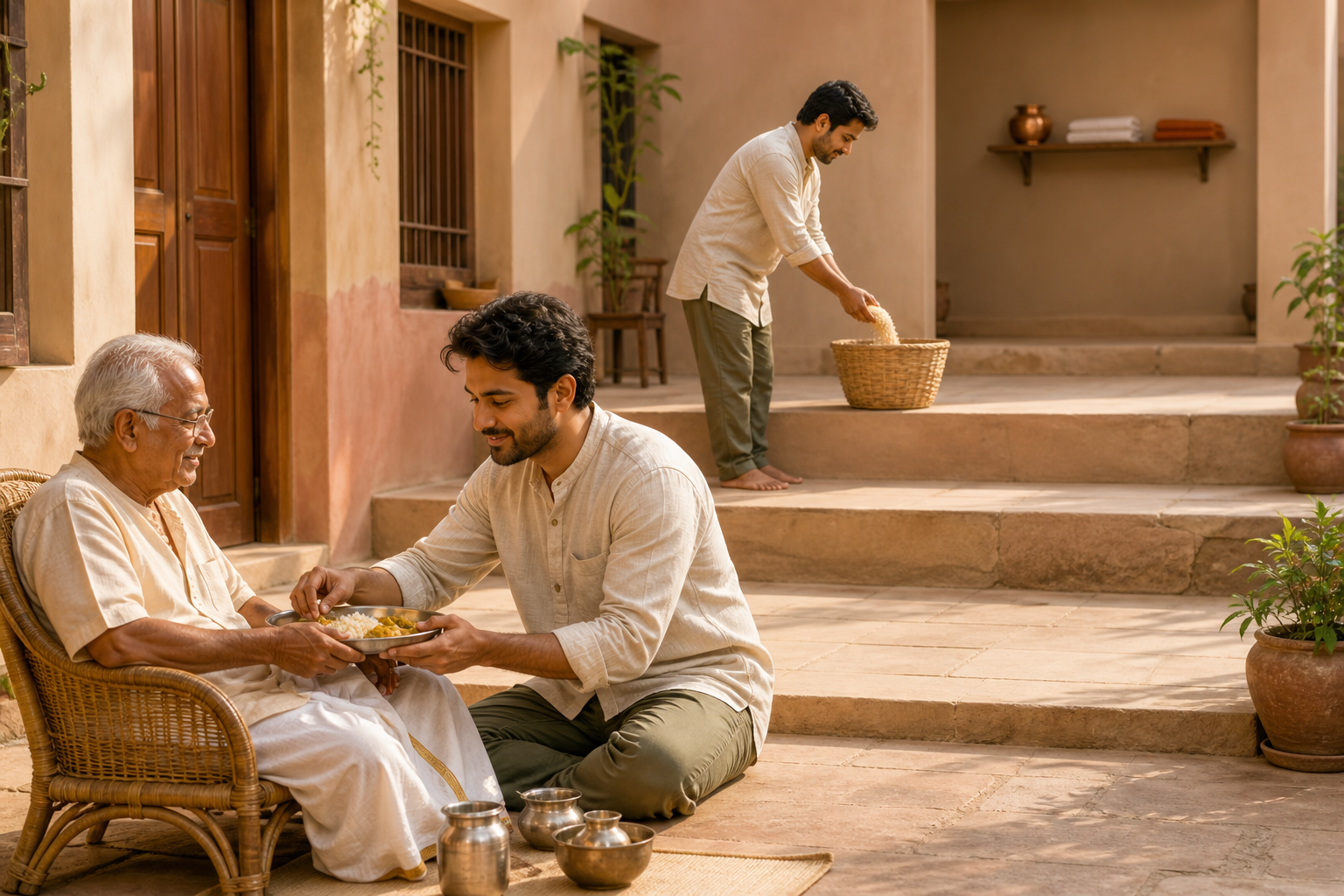 A person serves food to an elder on the lowest level of a courtyard, with a grain donation basket beyond and ritual objects resting on a higher shelf.