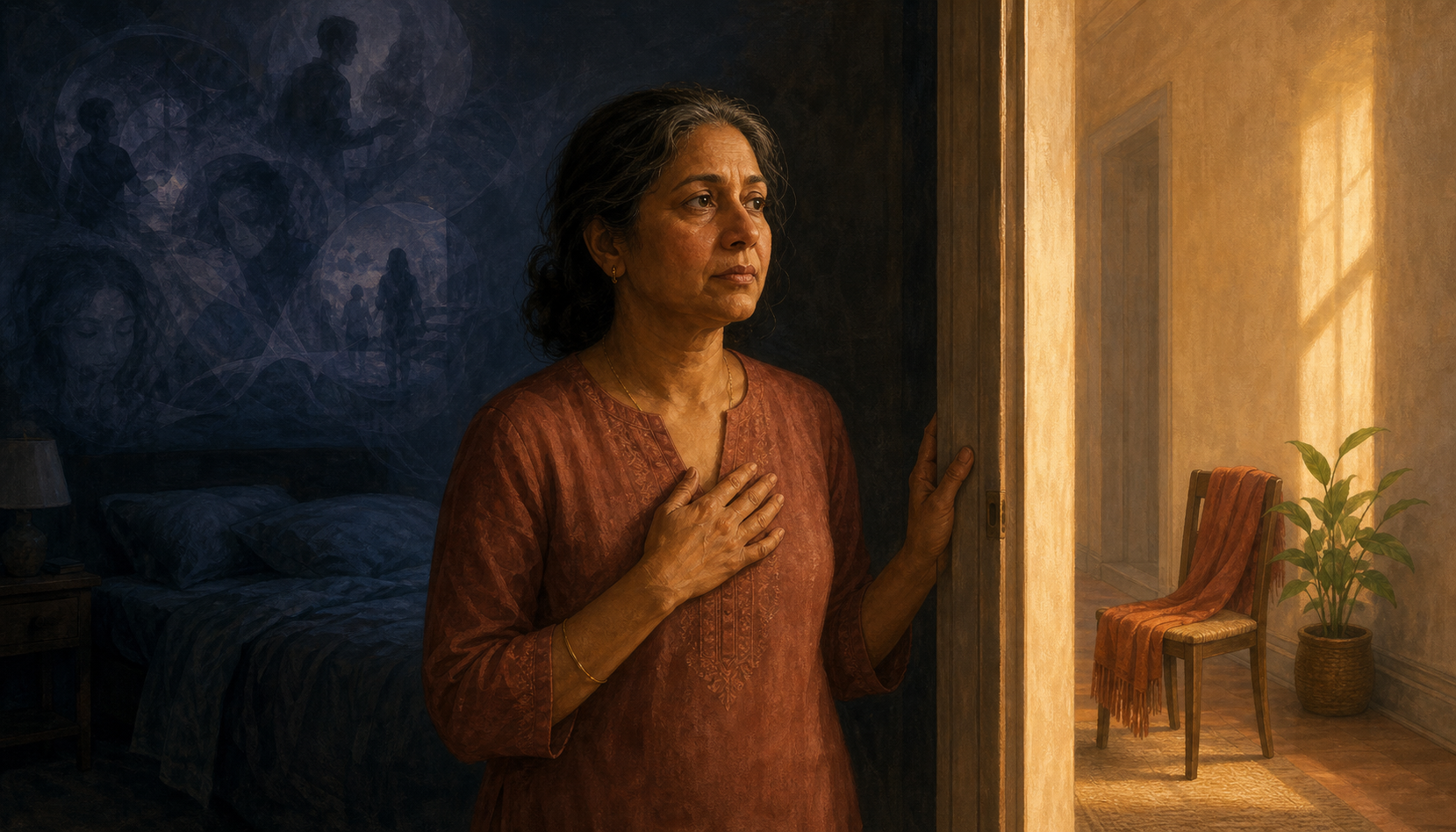 A middle-aged woman stands in a bedroom doorway before dawn, with tangled shadows behind her and warm light in the hallway ahead.