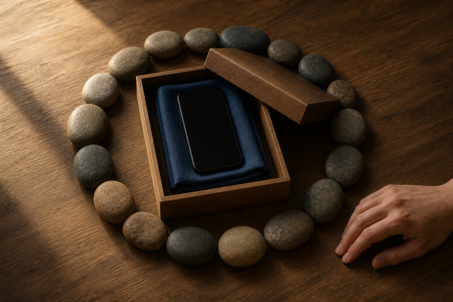 A blank-screen smartphone lies inside a cloth sleeve, a wooden box, and a circle of stones while a hand pauses outside the outer boundary.