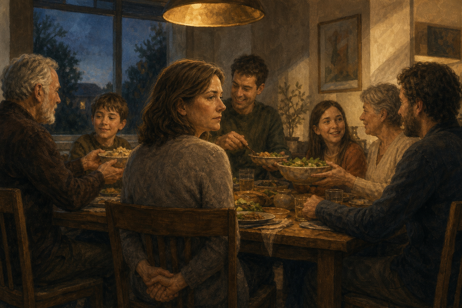 A middle-aged woman sits with relatives at an ordinary family meal while holding her hands tensely beneath the table.